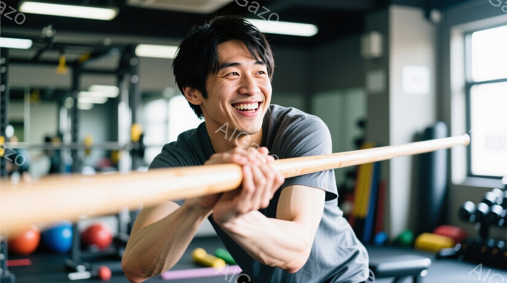 筋トレジムにいる若い男性が、肩に長めの棒を担いで笑顔を見せています。彼はグレーのTシャツを着ており、短く整えられた黒髪が特徴的です。背景には、ダンベルやエクササイズマットなど、様々なジムの器具がぼやけ - AI生成フリー素材