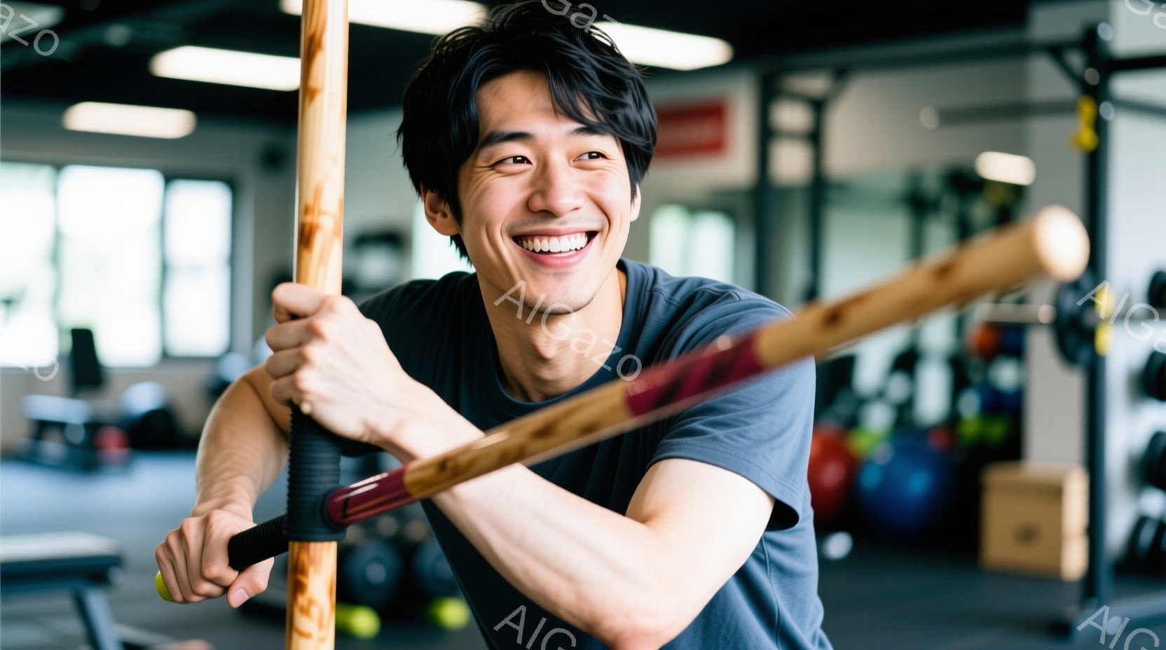 若い男性がジムでトレーニング器具を抱え、満面の笑みを浮かべている。彼はグレーのTシャツを着ており、黒髪で少し無造作な髪型をしている。背景には、他のトレーニング機器やジムの設備が見え、活気のある雰囲気が - AI生成フリー素材