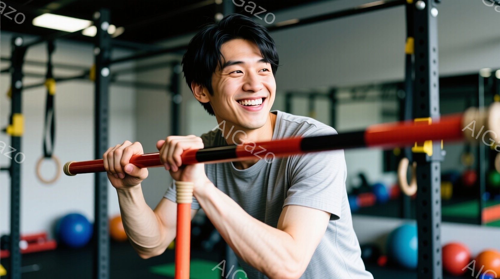 灰色のTシャツを着た若い男性が、ジムのトレーニング器具につかまり、笑顔を見せています。彼は少し前かがみの姿勢で、力強くバーを握っており、活気にあふれた表情をしています。背景には、様々な色のエクササイズ - AI生成フリー素材