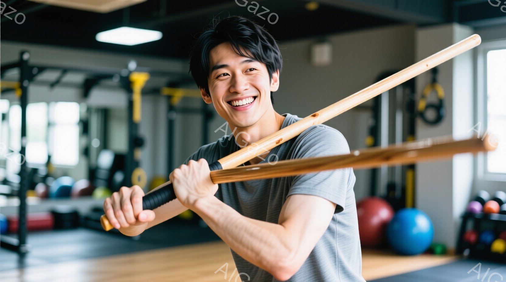 若い男性がジムでトレーニング用の棒を肩に担いで笑顔で正面を見ている。彼はグレーのTシャツを着ており、短く整えられた黒髪をしている。ジムの背景には、エクササイズボールやトレーニング機器が見え、明るく活気 - AI生成フリー素材