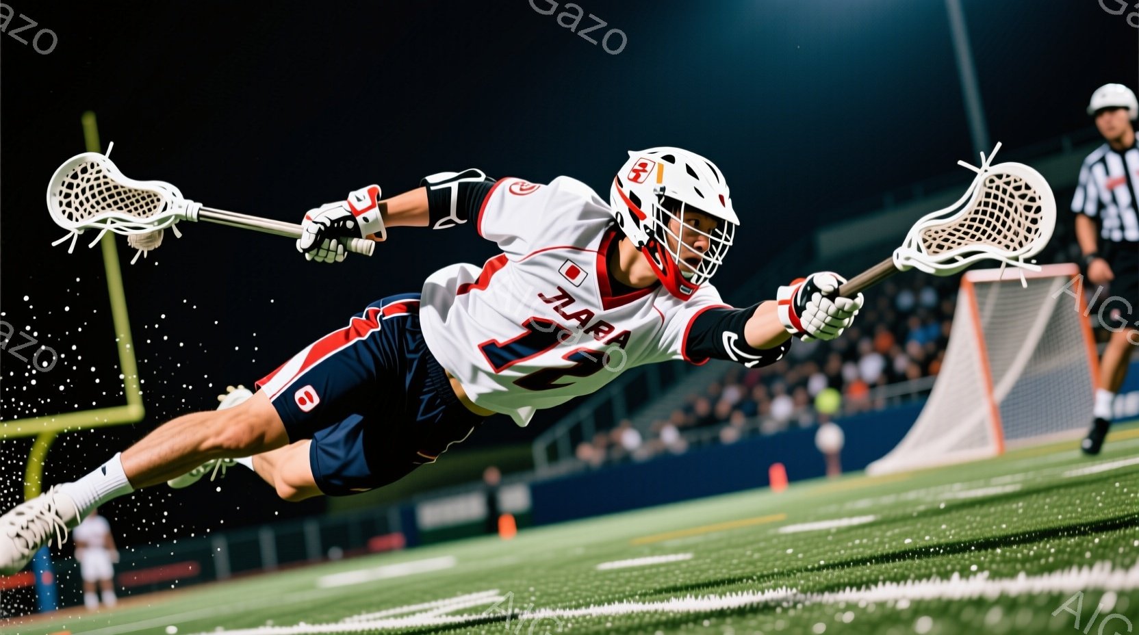 ラクロス選手が激しいプレー中に空中で身を投げている様子が写っている。赤と白を基調としたユニフォームには「BARA」と背番号の「11」が大きく描かれており、ヘルメットと手袋を着用している。背景には観客席 - AI生成フリー素材