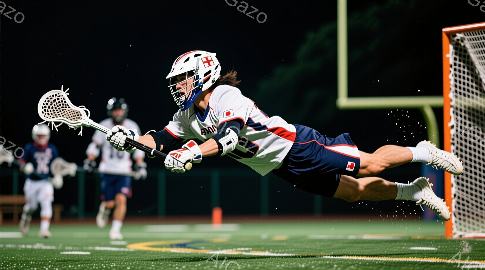 ラクロス選手が空中でボールをキャッチしようとダイビングしている様子が写っている。紺と白を基調としたユニフォームを着用し、肩と腕には赤いラインが入っている。背景には他の選手や緑の人工芝グラウンド、そして黒いフェンスが見え、夜間の試合の雰囲気を感じさせる。
