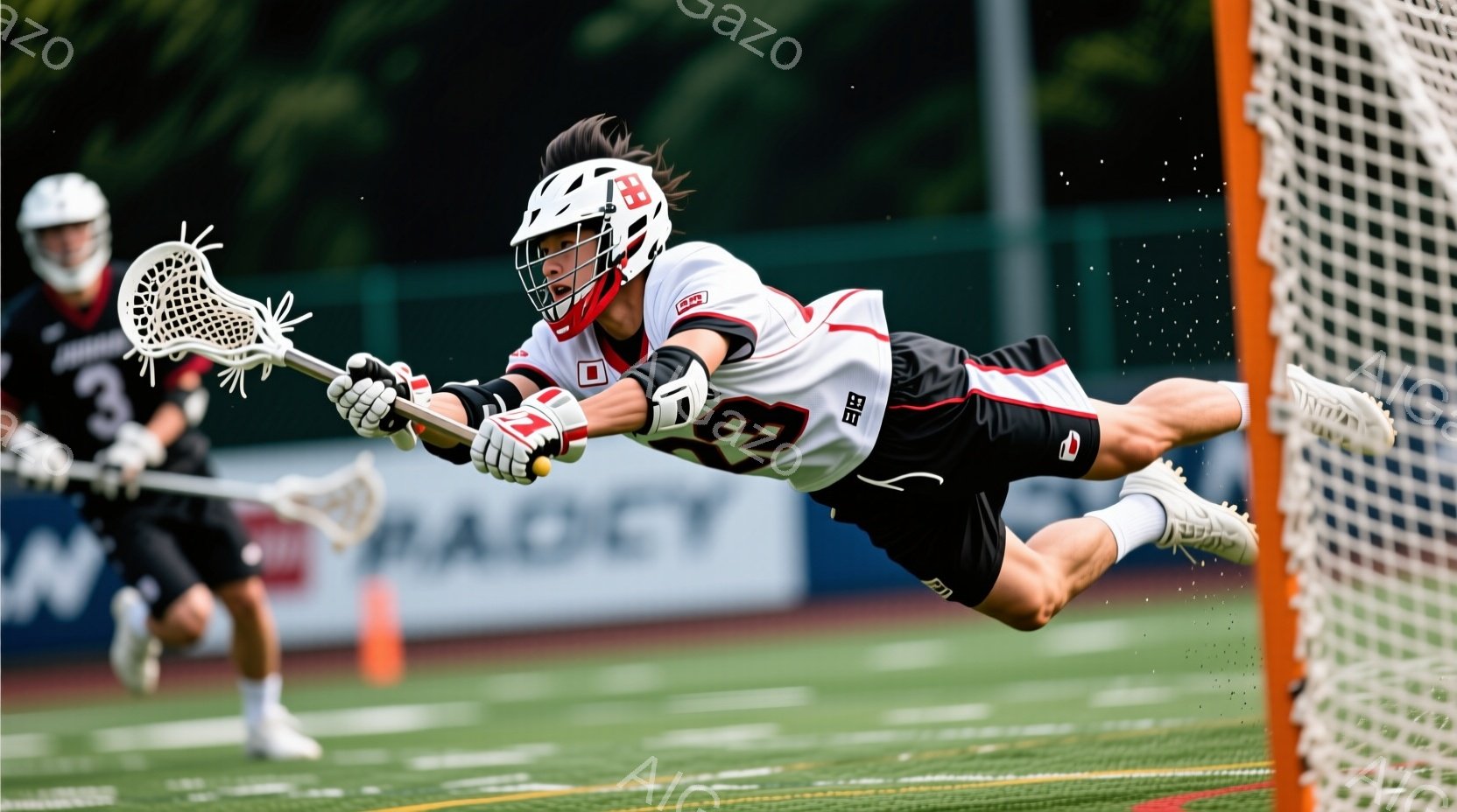 ラクロス選手が空中姿勢でボールをキャッチしようとしています。彼は黒と白のストライプのユニフォーム、ヘルメットを着用し、金髪をヘルメットから出しており、集中した表情をしています。背景には芝生、観客席らしきもの、広告が見え、晴天のもとで活気のある競技が行われている様子が伺えます。