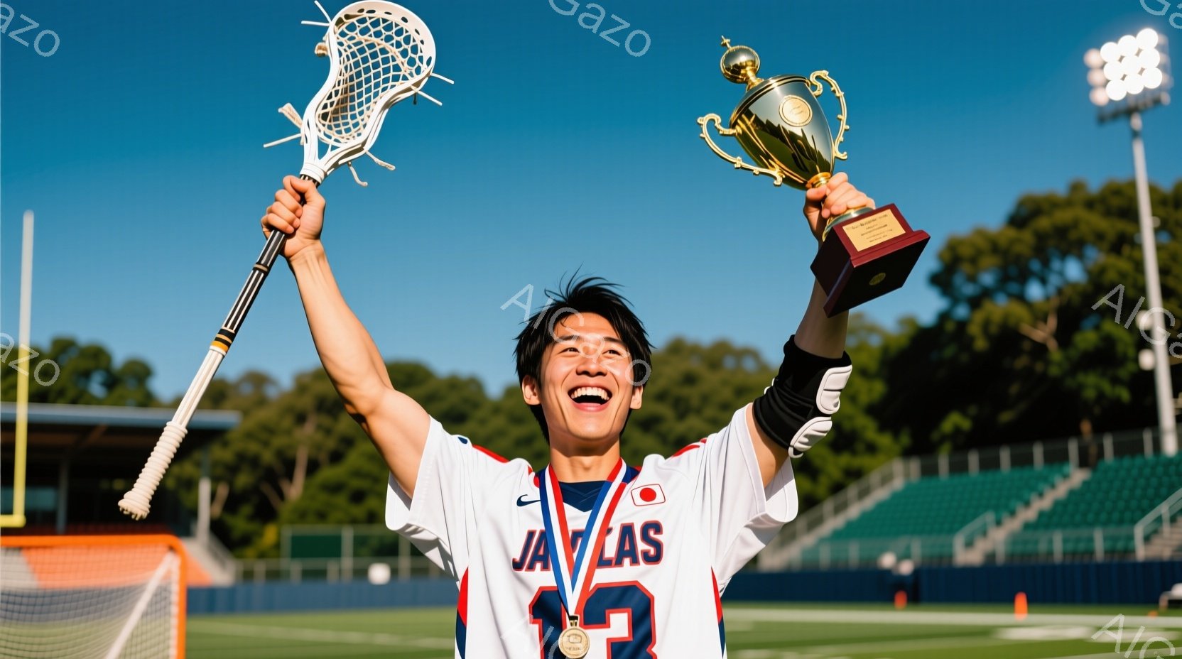 ラクロス選手と思われる若い男性が、勝利を喜び、片手にラクロススティック、もう片手にはトロフィーを持ち、満面の笑みを浮かべている。彼は、赤いトリミングと「JAPAN」の文字が入った白いラクロスのユニフォ - AI生成フリー素材