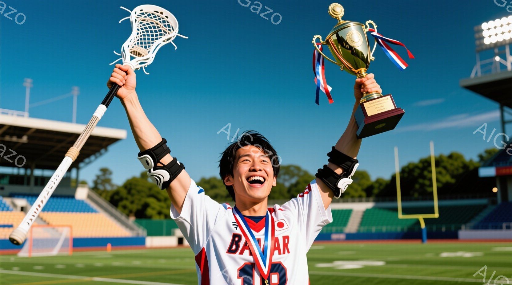 ラクロス選手と思しき若い男性が、勝利の喜びを表現して両手を高く挙げている。白を基調としたユニフォームには「BAVAR」の文字と日本の国旗が描かれ、黒いアームバンドを着用している。背景は緑のフィールドと - AI生成フリー素材