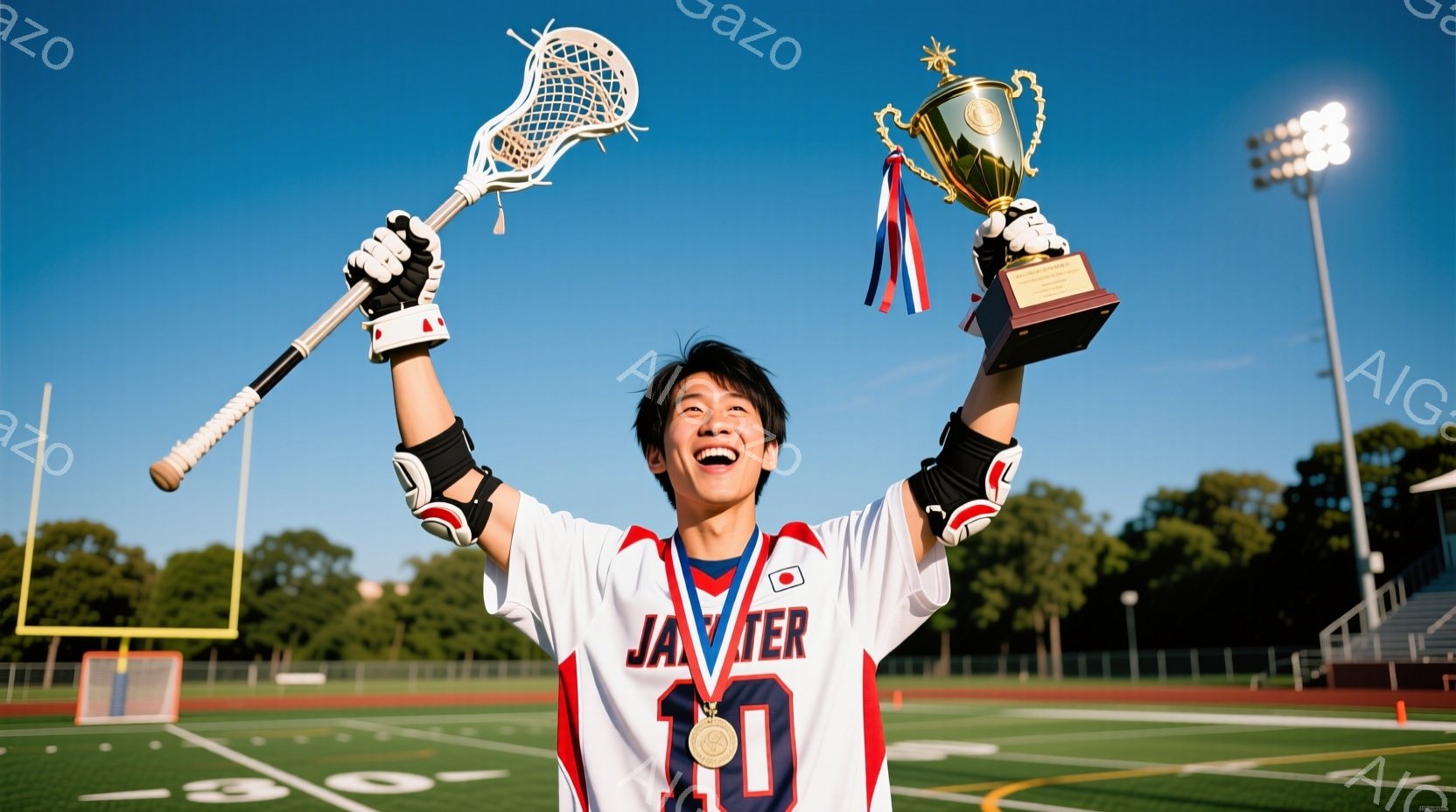 ラクロス選手が、勝利を喜んで両手を高く上げ、ラクロススティックとトロフィーを持っています。彼は赤と白のジャージを着ており、首にはメダルがかけられています。背景には緑の芝生のフィールド、ゴールポスト、観客席、そして晴れた空と木々が見え、勝利の喜びと開放感を表現しています。