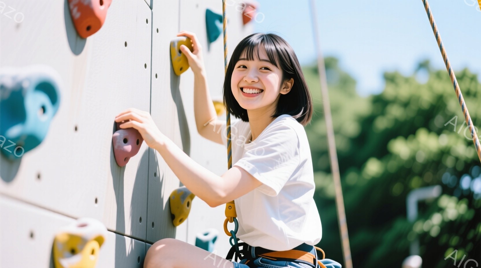 若い女性がクライミングウォールを登っている写真です。白いTシャツとショーツ姿で、笑顔を浮かべながらホールドにつかまっています。背景には緑豊かな木々が見え、晴れた日のアウトドアアクティビティを楽しんでいる様子が伝わってきます。