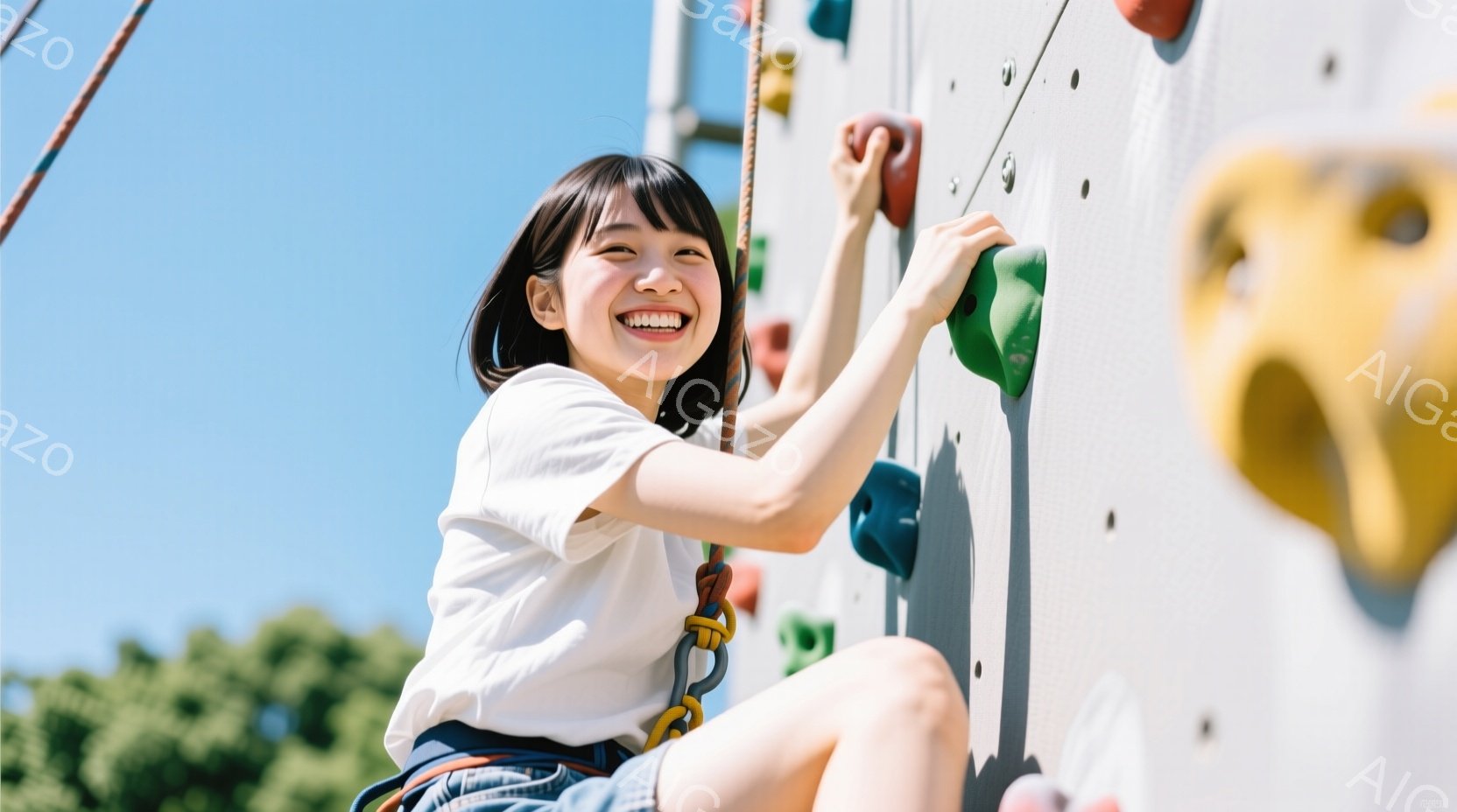 若い女性がクライミングウォールを登っており、明るい笑顔を浮かべている。白のTシャツと短パン、そして安全ハーネスを着用し、黒髪を耳にかけるようにしている。背景には青空と緑の木々が見え、晴れた日のアウトドアアクティビティを楽しんでいる様子が伝わる。