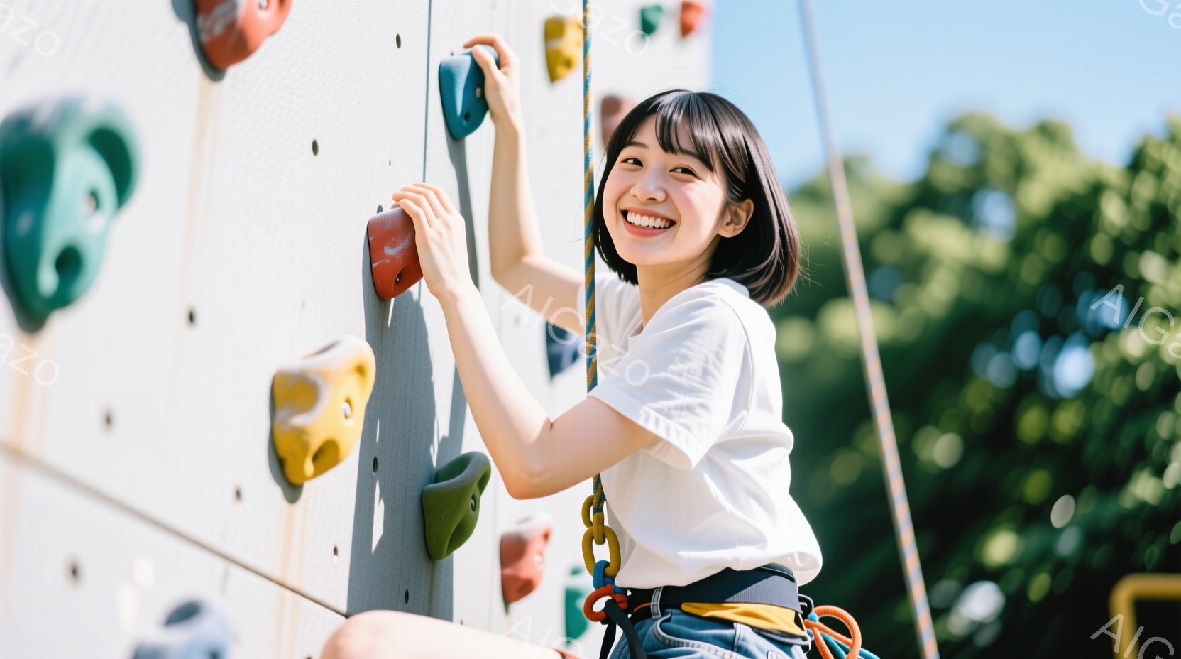 短い黒髪の女性がクライミングウォールを登っています。白いTシャツとハーネスを着用し、満面の笑みを浮かべています。背景には緑豊かな木々が見え、晴天で明るい屋外の雰囲気です。