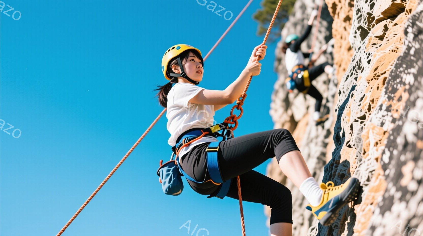 登山者が岩壁を登っている写真です。女性は黒のキャプリーパンツ、白いTシャツ、青いハーネス、黄色いヘルメットを着用し、真剣な表情で岩にしがみついています。背景には青空が広がり、もう一人の登山者が少し離れた場所に確認できます。