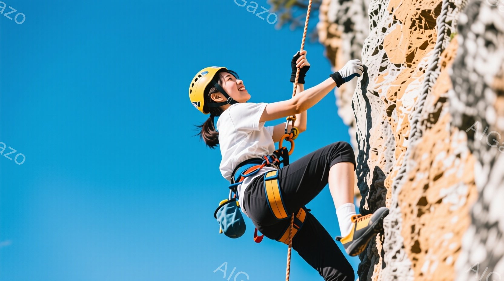 若い女性が岩壁をクライミングしている写真です。彼女は黒いヘアスタイルで、青いヘルメットを被り、明るい色のハーネスを着用しています。青空を背景に、集中した表情で力強く岩を掴み、アクティブで挑戦的な雰囲気が伝わってきます。
