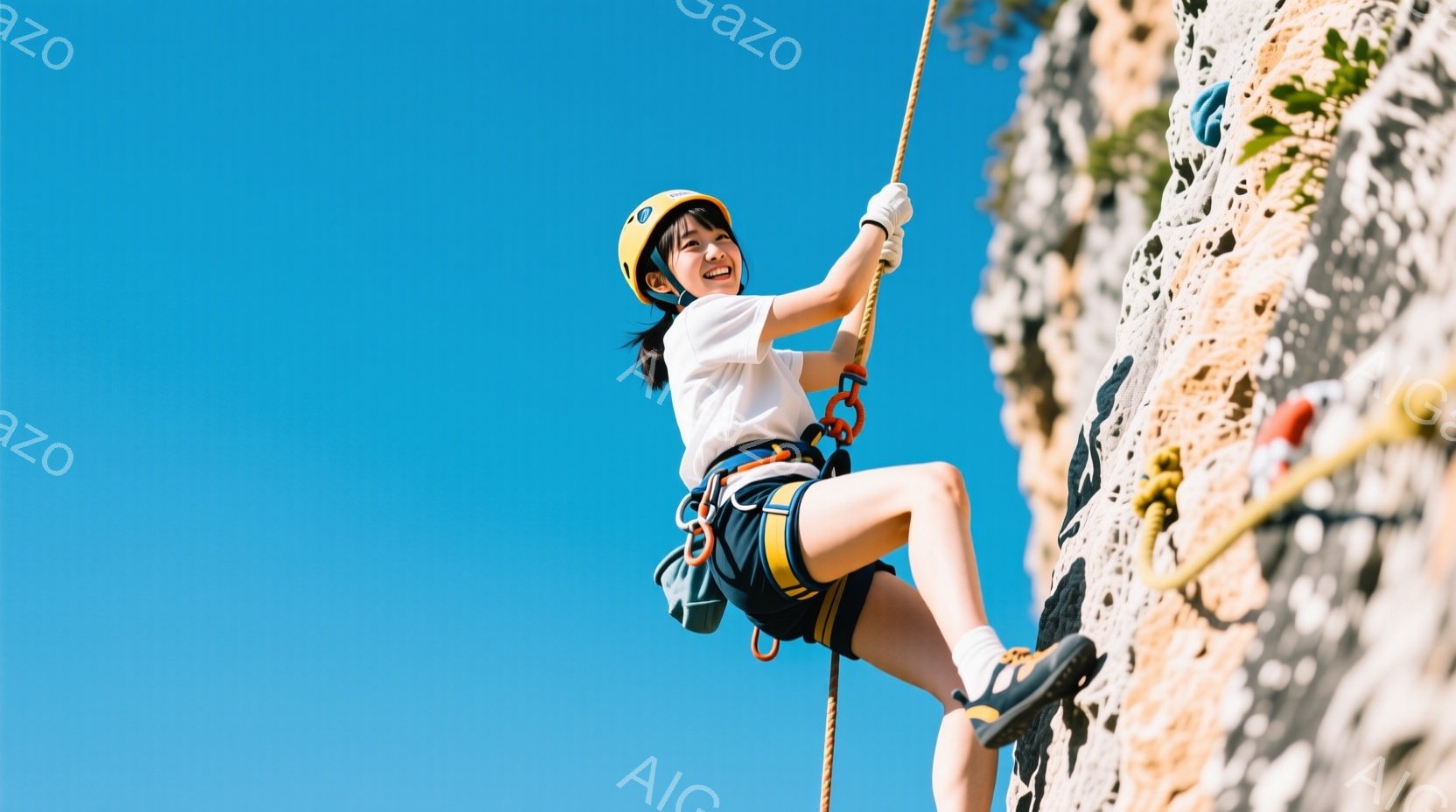 若い女性が岩壁を登っている写真です。彼女は白いTシャツ、黒いショートパンツ、登山用のハーネスとヘルメットを着用し、明るい笑顔を見せています。背景は晴れた青空と岩肌で、晴天の下、アクティブな活動を楽しんでいる様子が伝わってきます。