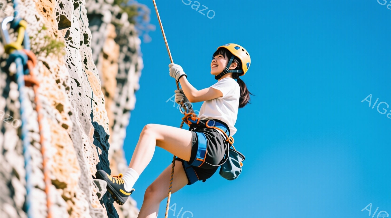 女性は岩壁を登っており、安全のためにヘルメット、ハーネス、登山靴を着用しています。明るい表情で、やや上向きに視線を向け、強い意志を感じさせます。背景は青空で、岩肌の質感と女性のダイナミックな姿勢が強調され、活気に満ちた雰囲気を醸し出しています。