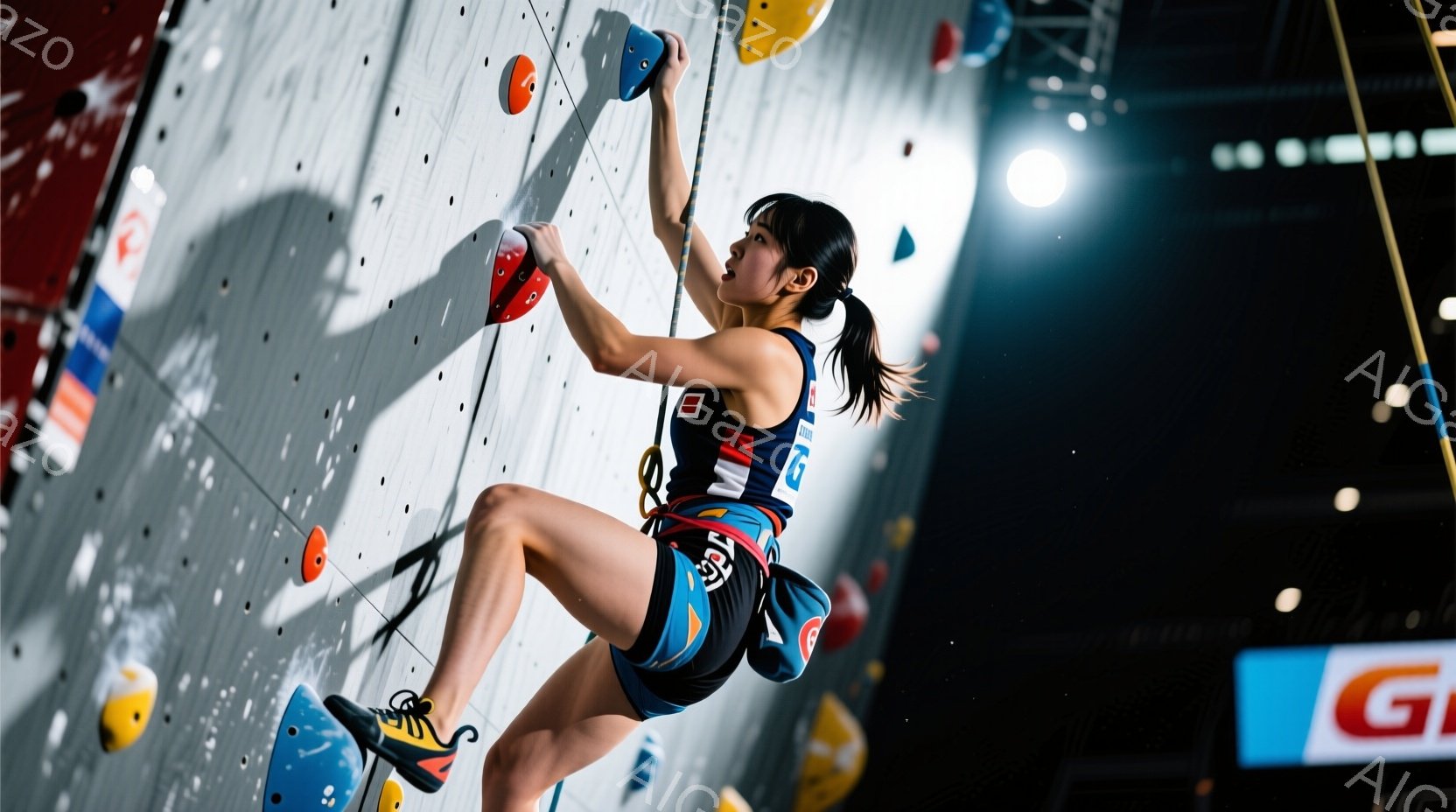 クライミングウォールを登る女性アスリートが写っています。彼女は明るい色のクライミングウェアを着用し、髪はポニーテールに結ばれています。力強い表情で、片手をホールドにつかみ、体を壁に近づけて懸垂している - AI生成フリー素材