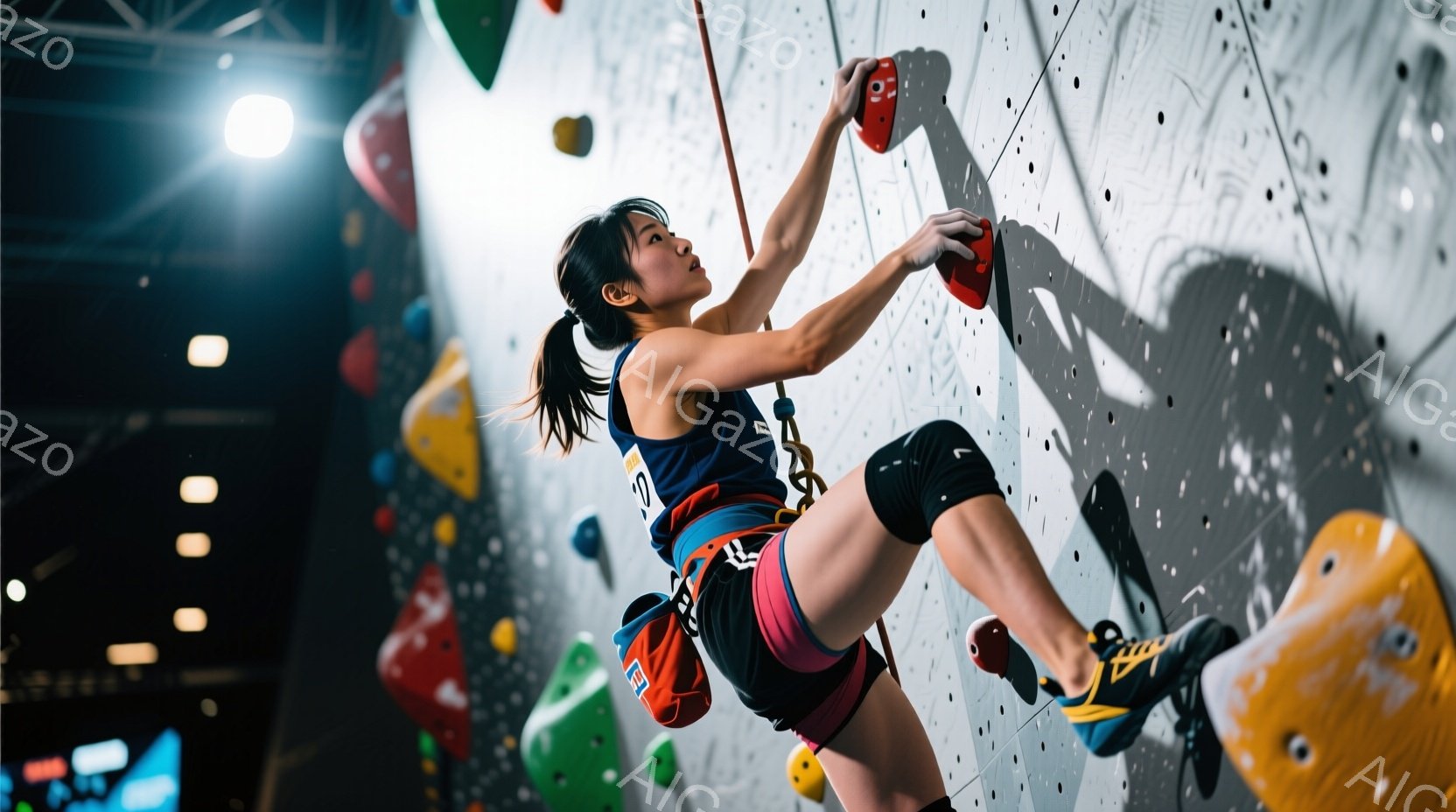 クライミングジムで壁を登る女性クライマーを捉えています。彼女は青いタンクトップと黒いショーツ、クライミングシューズを着用し、ポニーテールにしています。集中した表情で、壁のホールドに手をかけ、足を伸ばし - AI生成フリー素材