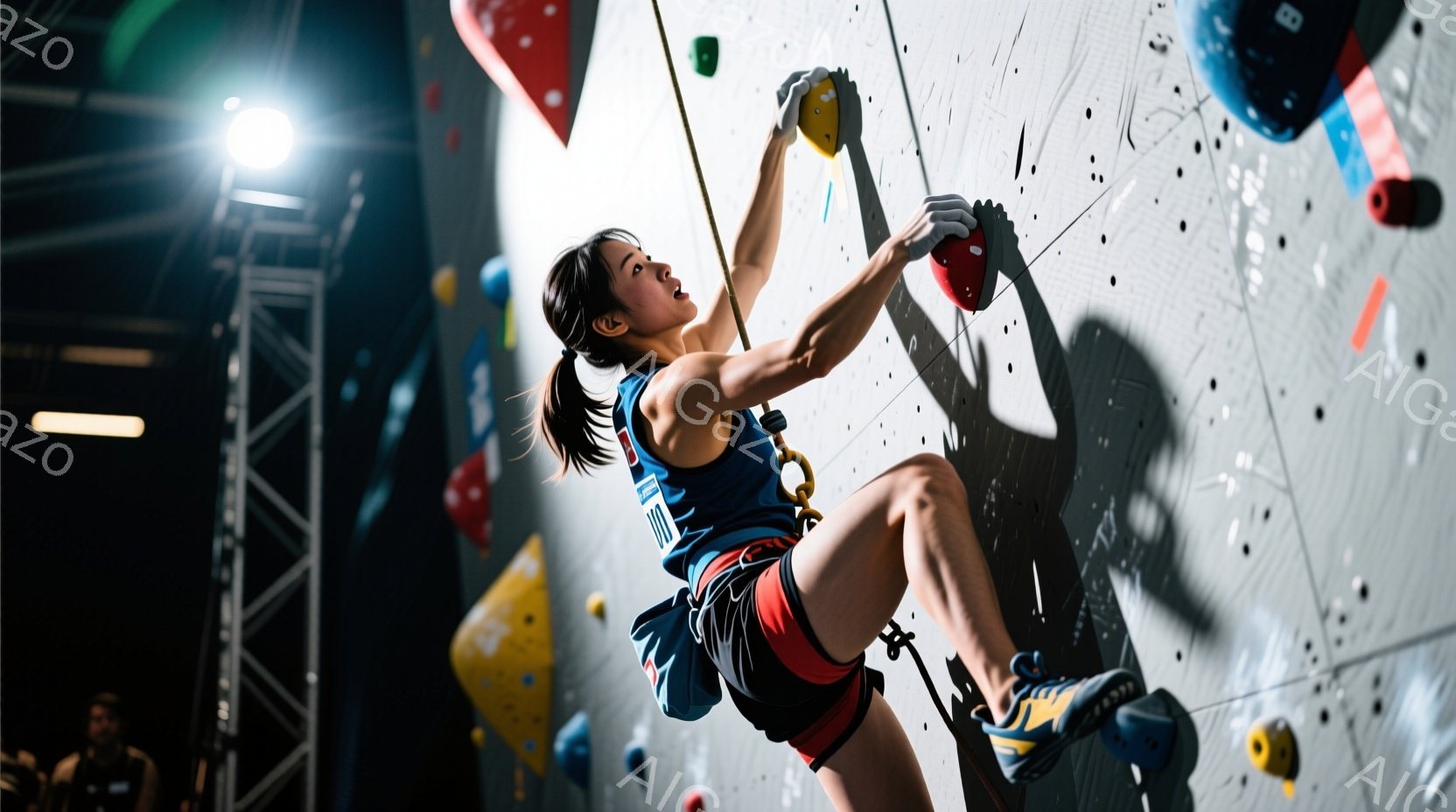 青いタンクトップと赤いショートパンツを着た女性クライマーが、クライミングウォールを登っている様子が写っている。彼女は片手を黄色いホールドに、もう片手を赤いホールドにつけ、体を壁に近づけ、集中した表情で次のステップを見据えている。クライミングウォールは様々な色のホールドで構成され、スポットライトが彼女を照らし、ダイナミックで力強い雰囲気を醸し出している。