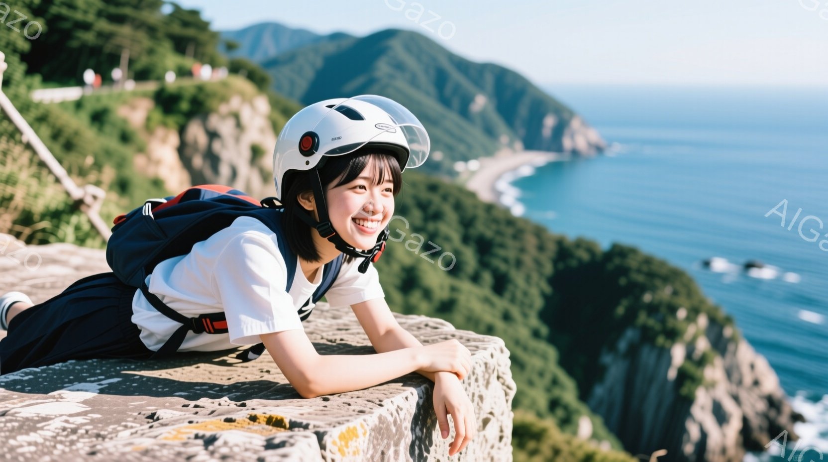 女性は白いTシャツに黒いズボン、そしてヘルメットを着用し、崖の上に座って微笑んでいます。彼女はリュックサックを背負い、腕を崖の上に置いてリラックスした姿勢です。背景には青い海と緑豊かな山々が広がり、晴 - AI生成フリー素材