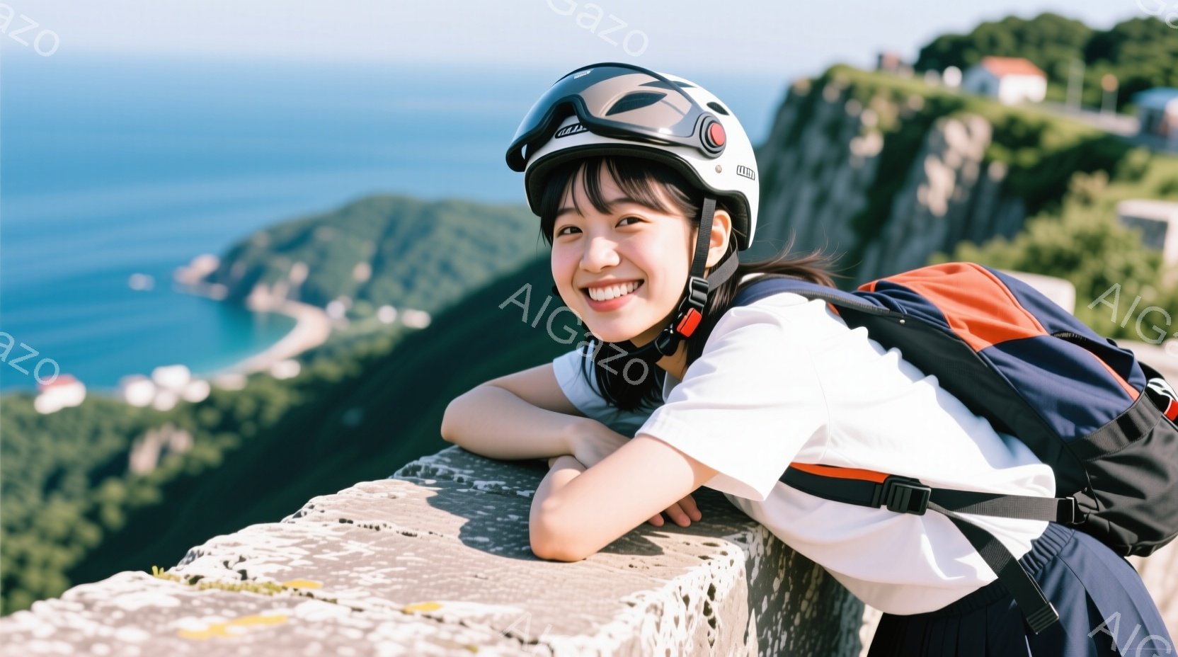 若い女性がコンクリートの壁にもたれかかって笑顔を見せています。白いシャツに紺色のスカート、そしてオレンジと黒のバックパックを背負い、ヘルメットを着用しています。背景には青い海と緑の崖が広がり、晴天の下、開放的な雰囲気です。