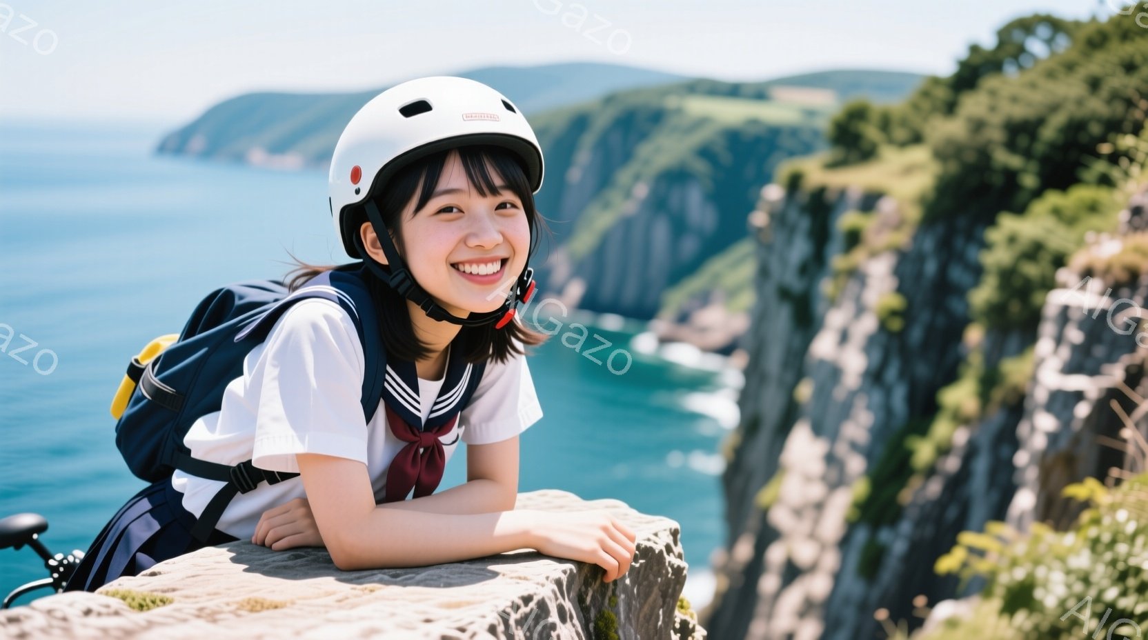 笑顔の少女が、ヘルメットとリュックサックを身につけ、崖の上に座ってこちらを見ている。彼女は白い制服のようなシャツにネクタイとベストを着用し、明るい表情で満面の笑みを浮かべている。背景には青い海と岩場が広がり、晴天の下、開放的な雰囲気を醸し出している。