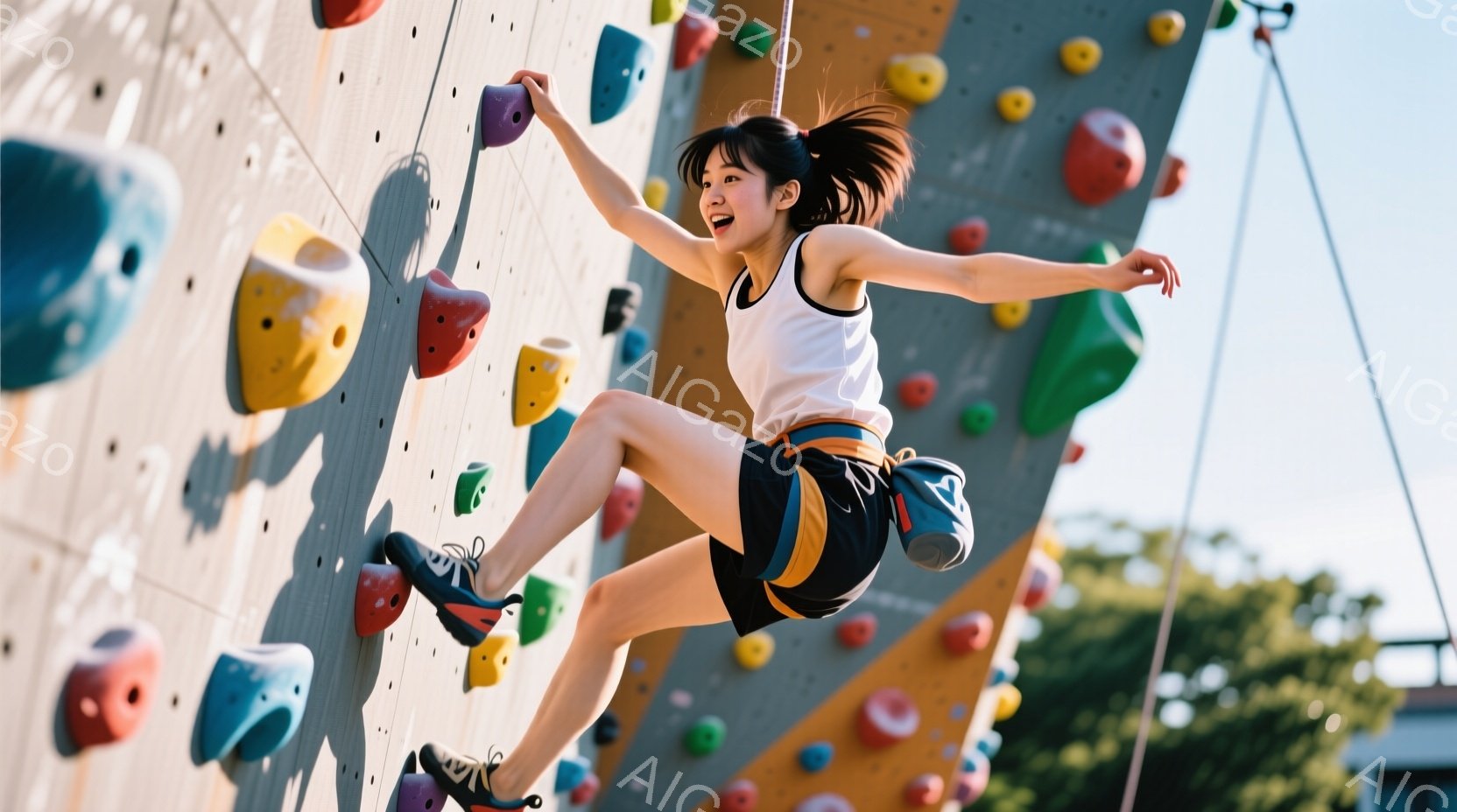若い女性がクライミングウォールを力強く登っている様子が写っている。彼女は白いタンクトップと黒いショートパンツを着用し、髪はポニーテールにしている。明るい表情で、腕を伸ばして次のホールドに到達しようとし - AI生成フリー素材