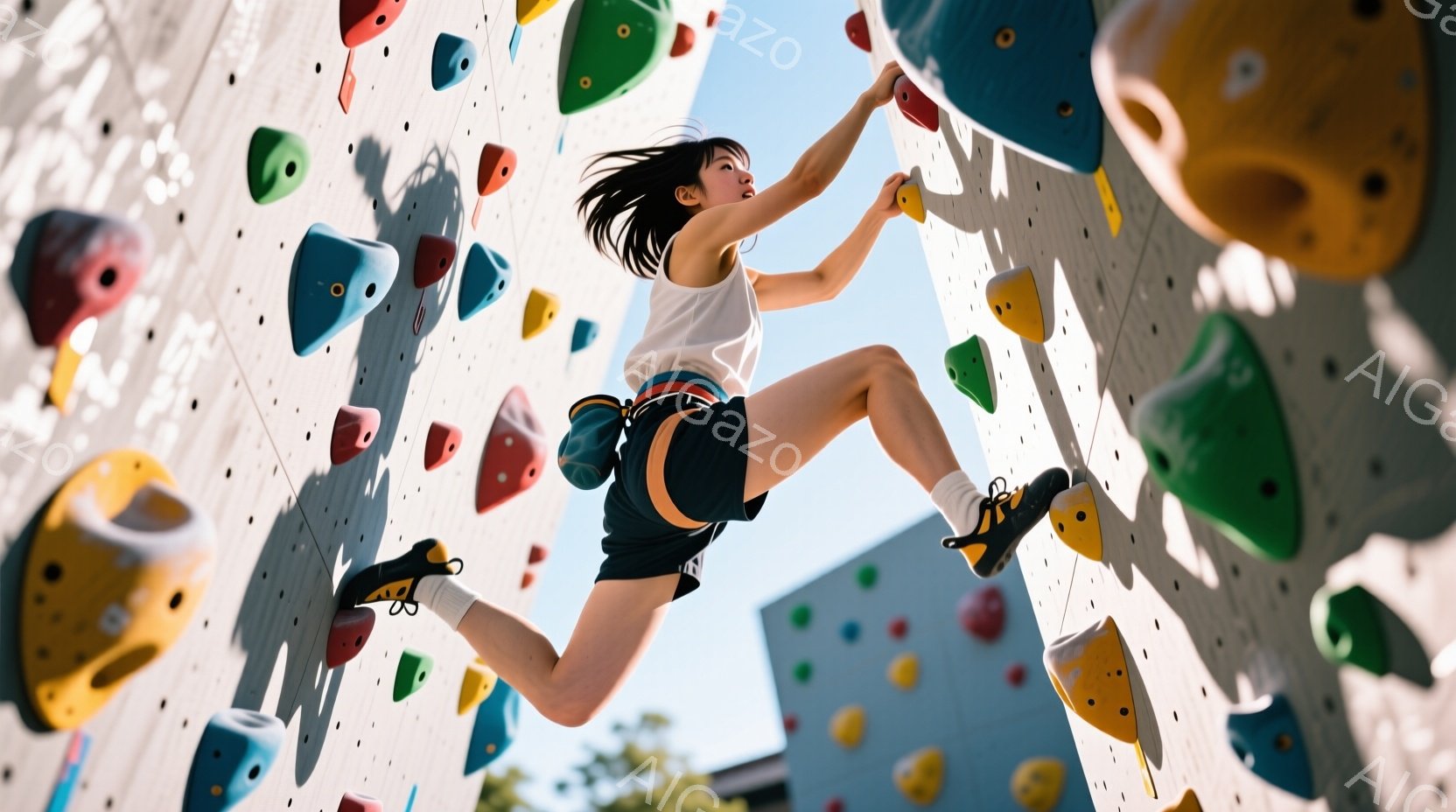 女性はクライミングウォールをダイナミックに登っており、片足を高く上げて次のホールドを目指している。彼女は白いタンクトップと黒いショートパンツを着用し、髪はポニーテールにまとめられている。背景には白い壁 - AI生成フリー素材
