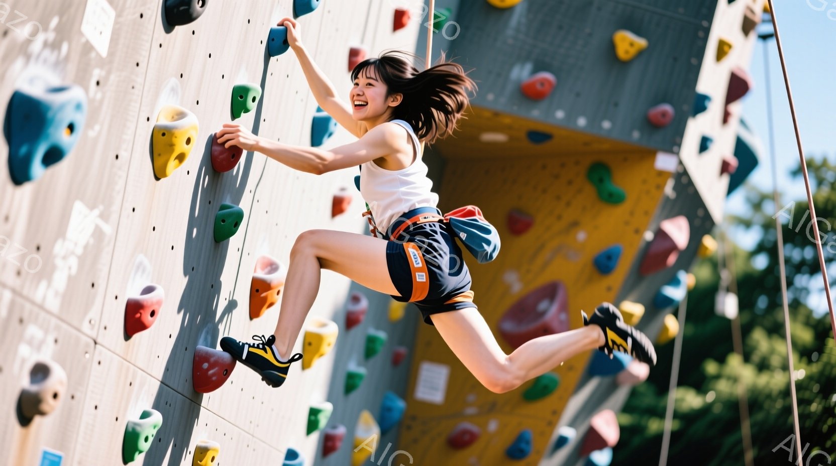若い女性がクライミングウォールでダイナミックな動きを見せています。彼女は白いタンクトップとオレンジ色のショートパンツを着ており、黒髪をポニーテールにしています。顔には笑顔が溢れ、楽しそうに岩壁を登っています。