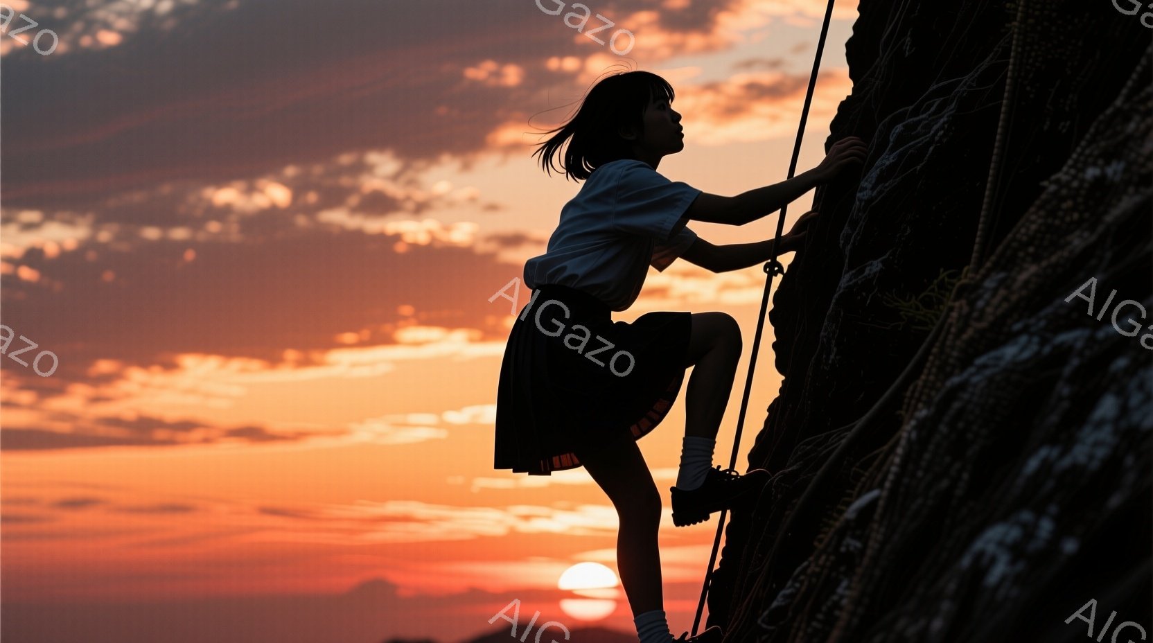 シルエットで描かれた少女が、険しい岩壁をよじ登っている様子が捉えられている。彼女は白いトップスと黒いスカートを着用し、髪は後ろで一つにまとめられている。背景には、夕焼けに染まる空と、地平線に沈む太陽が - AI生成フリー素材