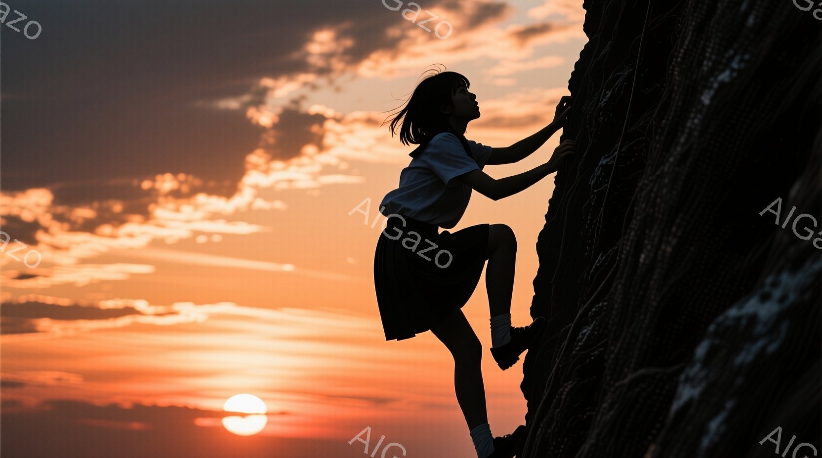 シルエットで描かれた少女が、険しい岩肌をよじ登っている。彼女は白いシャツと短いスカート、そして運動靴を履いており、髪は後ろで一つに結ばれている。背景には夕焼けのオレンジ色の空と、沈みゆく太陽が広がり、 - AI生成フリー素材