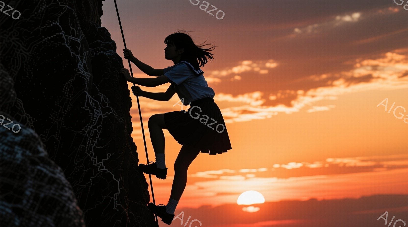 シルエットになった少女が岩壁をよじ登っている様子が描かれています。紺色のスカートと白いブラウス、そしてスニーカーを履いており、長い髪が風になびいています。背景には燃えるような夕焼け空が広がり、力強い生命力と少女の挑戦的な姿が印象的です。