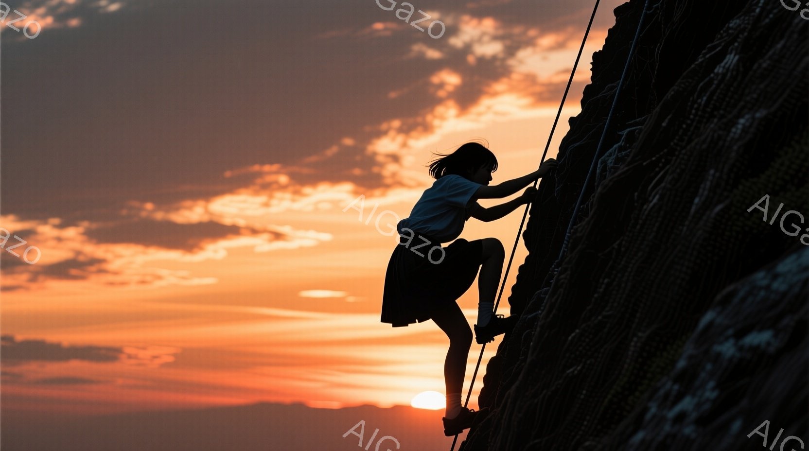シルエットで描かれた少女が、険しい岩壁をよじ登っている様子が捉えられている。彼女は白いトップスと濃い色のスカートを身につけ、髪は後ろで一つに結んでいる。背景は燃えるように赤く染まった夕焼け空と、遠くに見える山々で、挑戦と達成感に満ちた雰囲気を醸し出している。