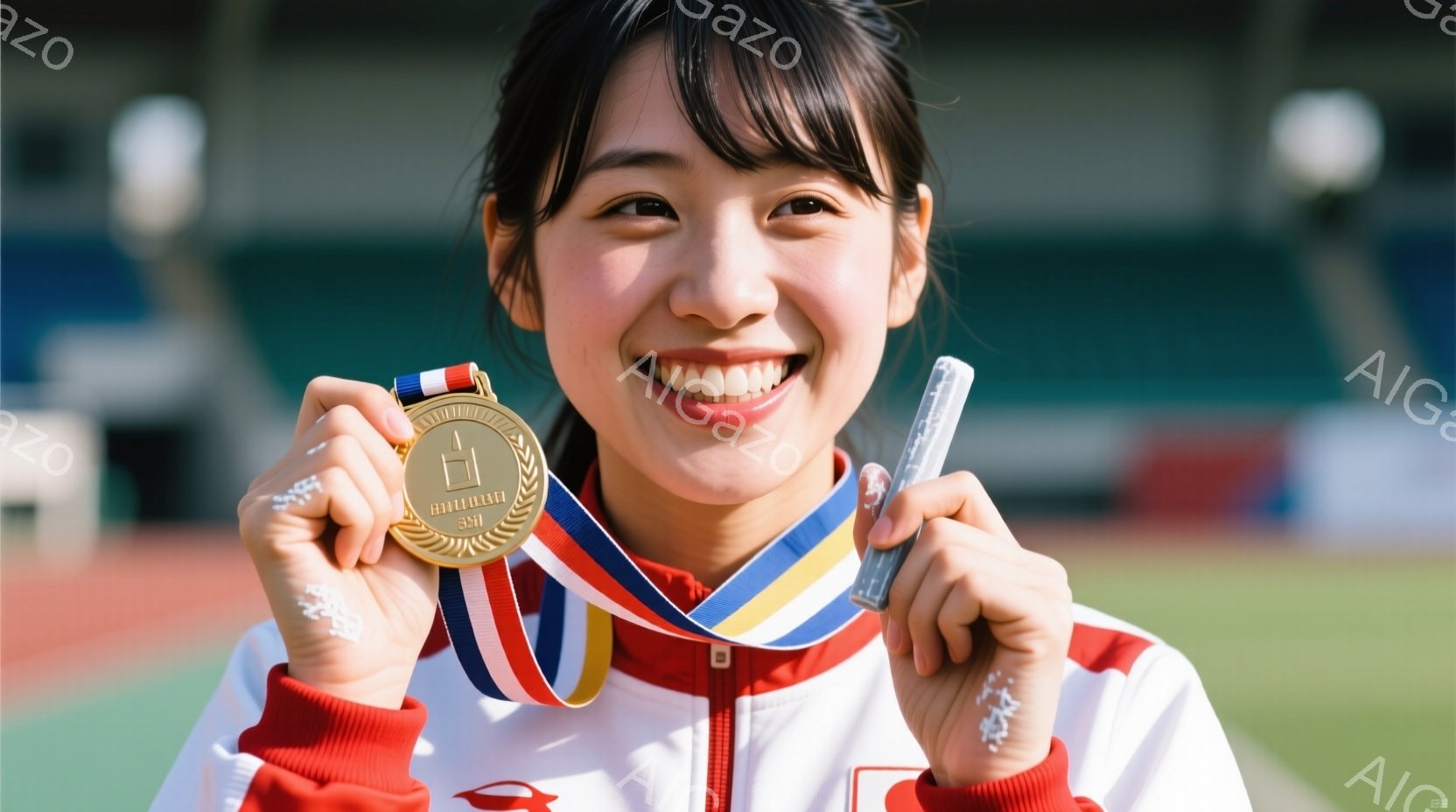 金色のメダルを首から下げ、満面の笑みを浮かべる女性が写っています。赤い縁取りのある白いジャケットを着ており、黒髪を肩まで伸ばし、前髪は眉毛にかかる程度に整えられています。背景にはトラック競技場が見え、晴天の下、競技の興奮が伝わってくる様子です。