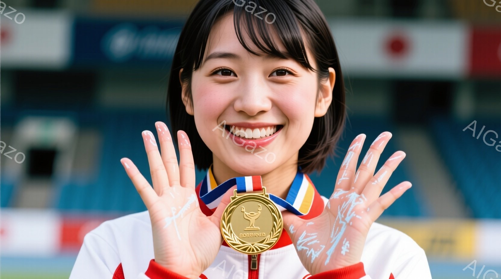 白いスポーツジャケットを着た若い女性が、両手を上げて笑顔を見せています。首には金メダルがかけられており、両腕には白い塗料のようなものが付着しています。背景には青い観客席と少し緑が見え、競技会場のような場所で、喜びと興奮に満ちた雰囲気が伝わってきます。