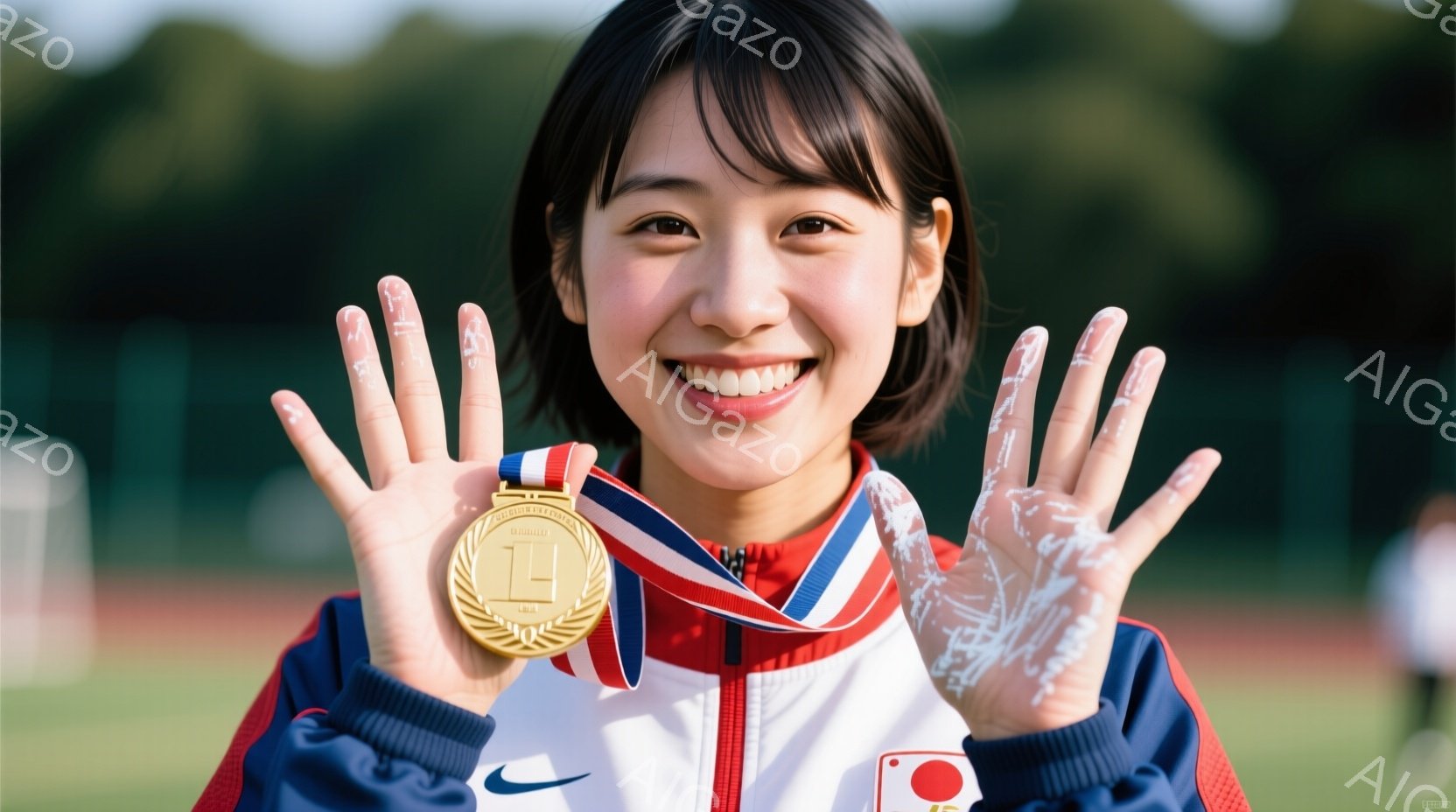 メダルを首から下げた若い女性が写っています。彼女は赤いジャケットに白いストライプと青い縁取りがあり、髪は肩までの長さで、笑顔で両手を上げて粉をまぶしています。背景には緑の木々があり、晴れた屋外の競技場のような場所で、勝利と喜びの雰囲気が伝わってきます。