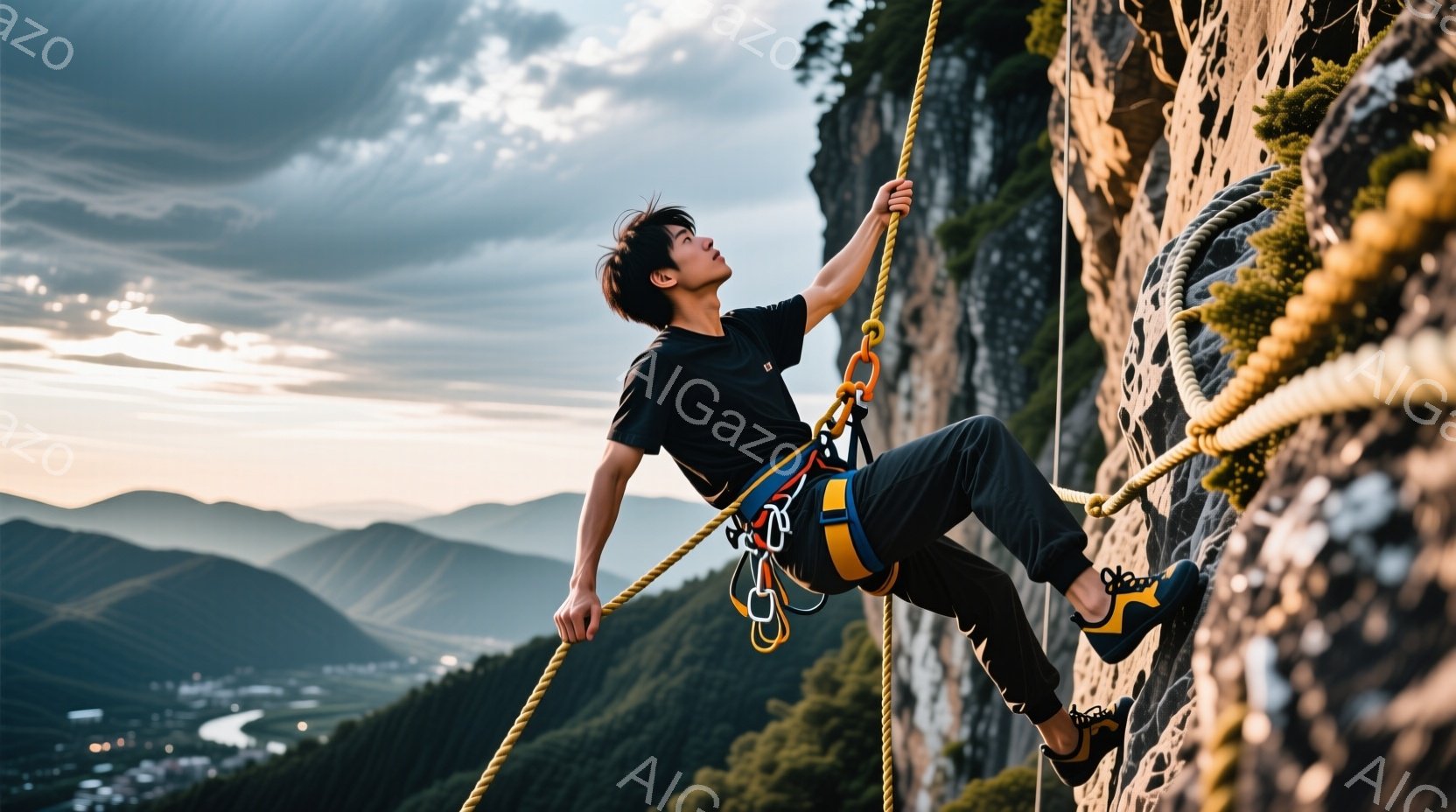 岩壁を登る男性が写っている。彼は黒いTシャツと濃いグレーのクライミングパンツを着用し、ハーネスとロープで保護されている。背景には緑豊かな山々が広がり、夕焼けのような光が差し込み、挑戦的でありながらも壮大な雰囲気を醸し出している。