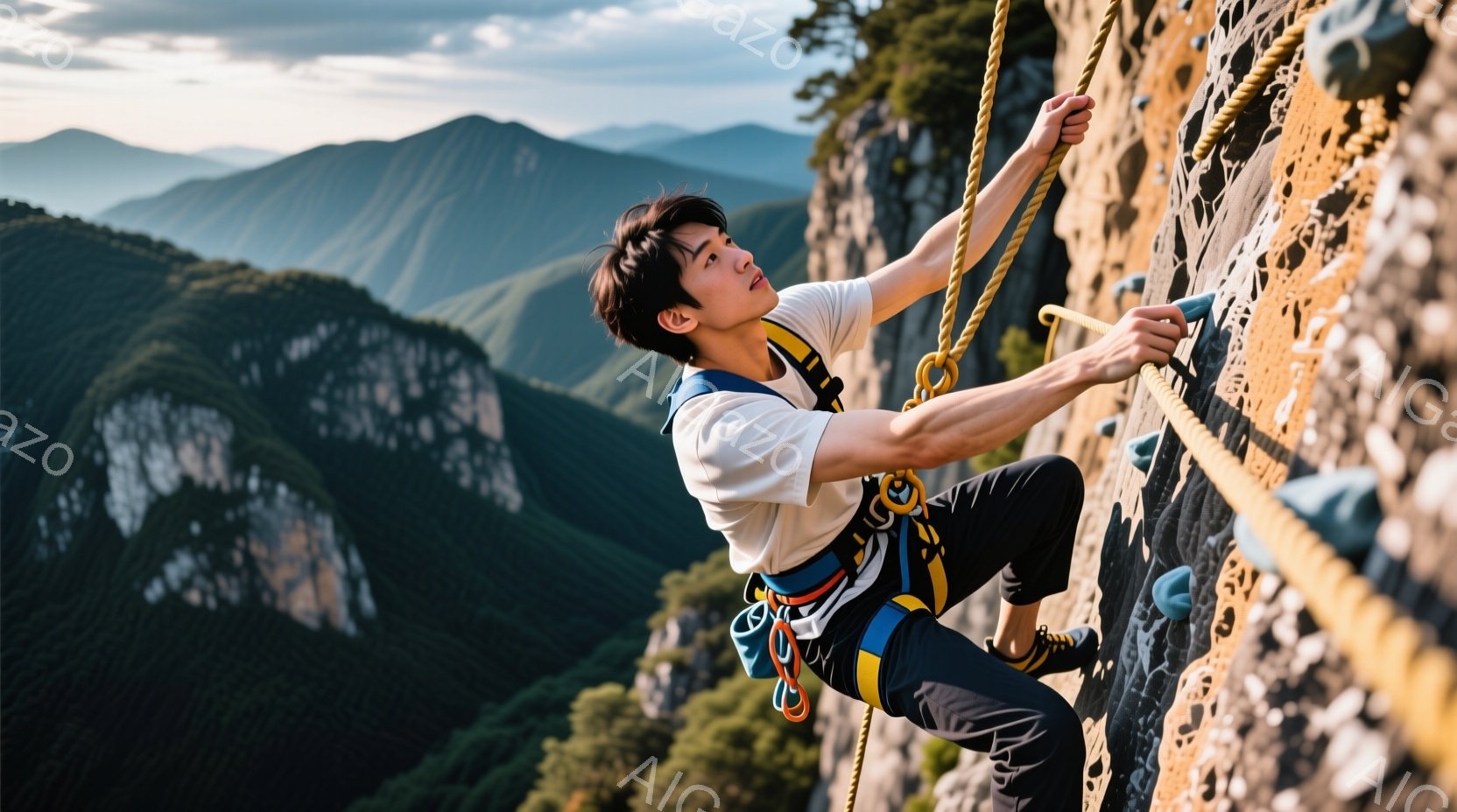 若い男性が岩壁を登っている様子が写っている。彼は白いTシャツ、黒いズボン、そしてカラフルなハーネスを身に着けており、髪は短く整えられている。背景には緑豊かな山々が広がり、晴天の下、スリルと挑戦に満ちた - AI生成フリー素材