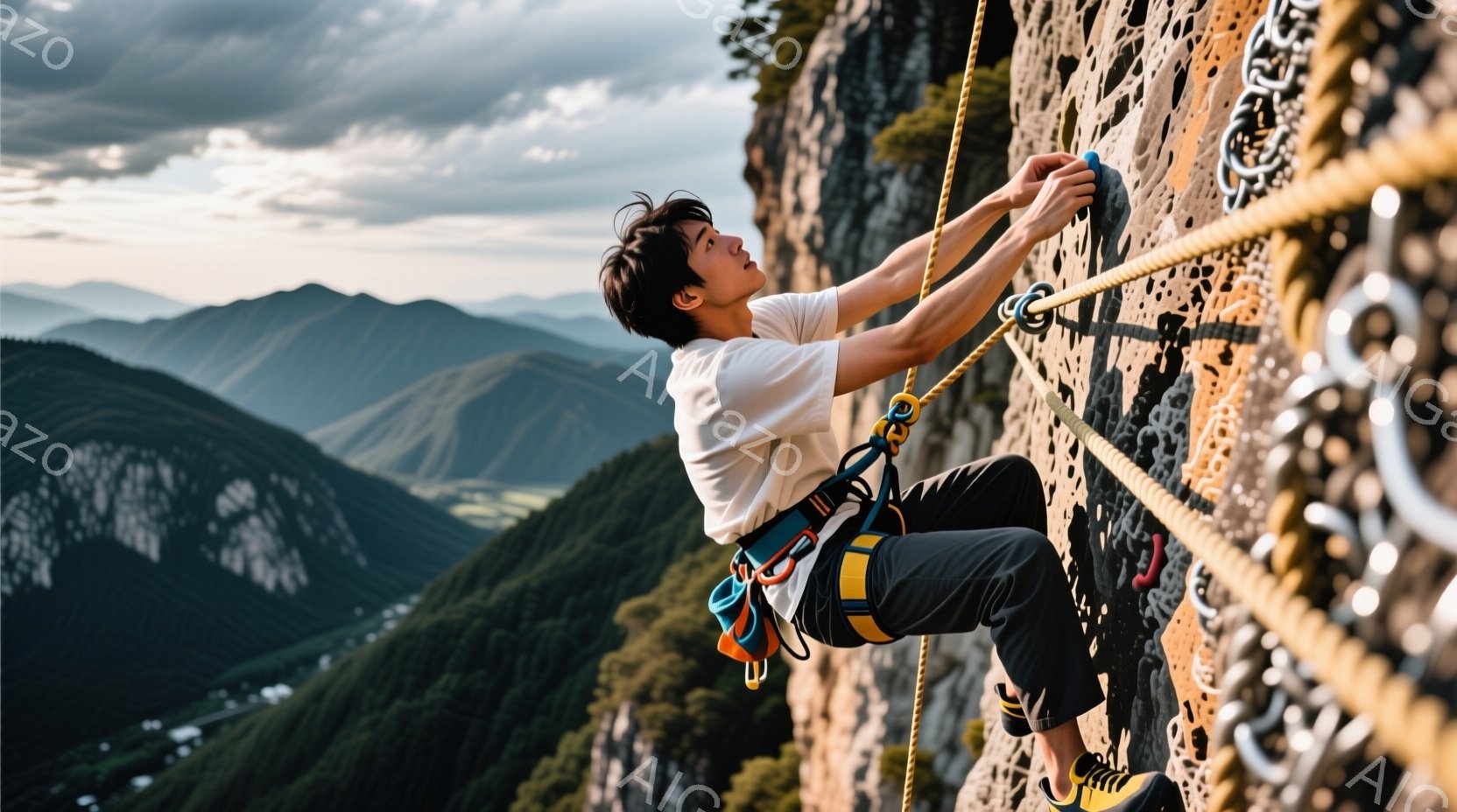 若い男性が岩壁を登っている様子が写っている。白いTシャツと濃いグレーのズボンを着用し、ハーネスを締めて安全ロープで保護されている。背景には緑豊かな山々が広がり、曇り空の下、自然の中でアクティブに活動す - AI生成フリー素材