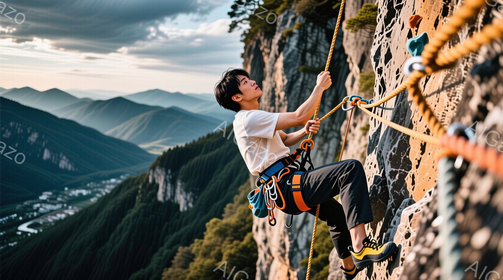 若い男性が岩壁を登っている様子が写っています。彼は白いTシャツ、濃い色のズボン、登山靴を履き、ハーネスを装着しています。背景には緑豊かな山々と、遠くに見える建物があり、曇天ながらも壮大な自然の風景が広 - AI生成フリー素材