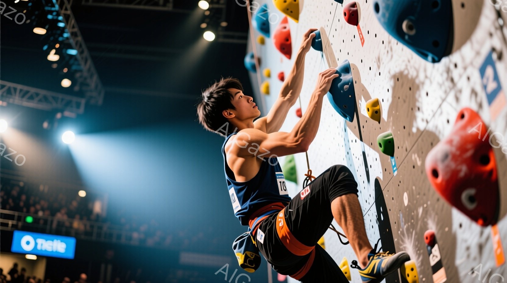 若い男性クライマーが、カラフルな人工壁を登っている姿が捉えられています。彼はタンクトップと黒いショーツを着用し、ハーネスを締めています。背景には観客席がぼやけ、競技会場の活気ある雰囲気が伝わってきます。