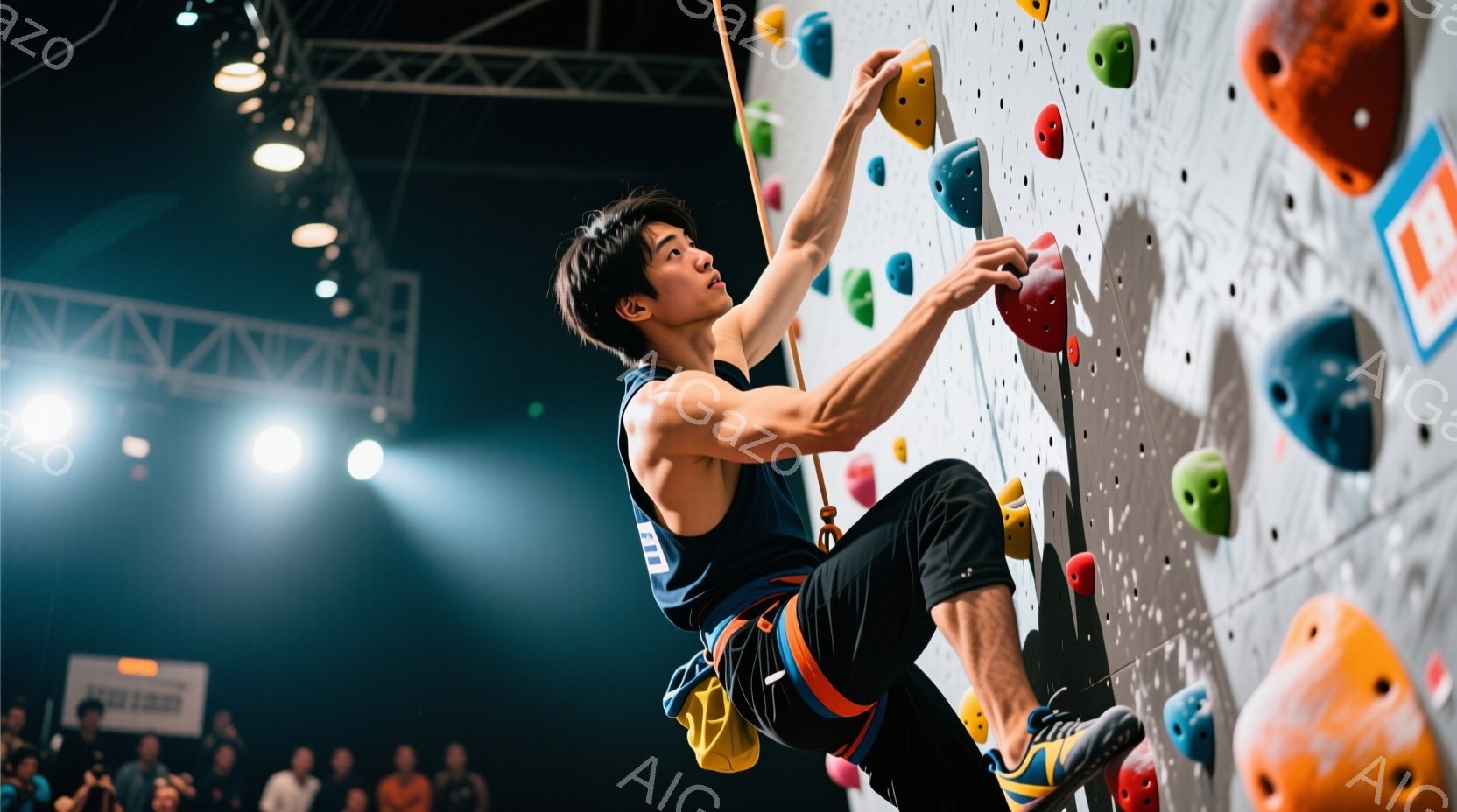 競技用のクライミングウォールを登る男性アスリートが写っている。彼はタンクトップとショーツを着用し、ハーネスとクライミングシューズを装備している。背景には観客席が見え、スポットライトが彼を照らし、競技場の熱気と集中した雰囲気が伝わってくる。