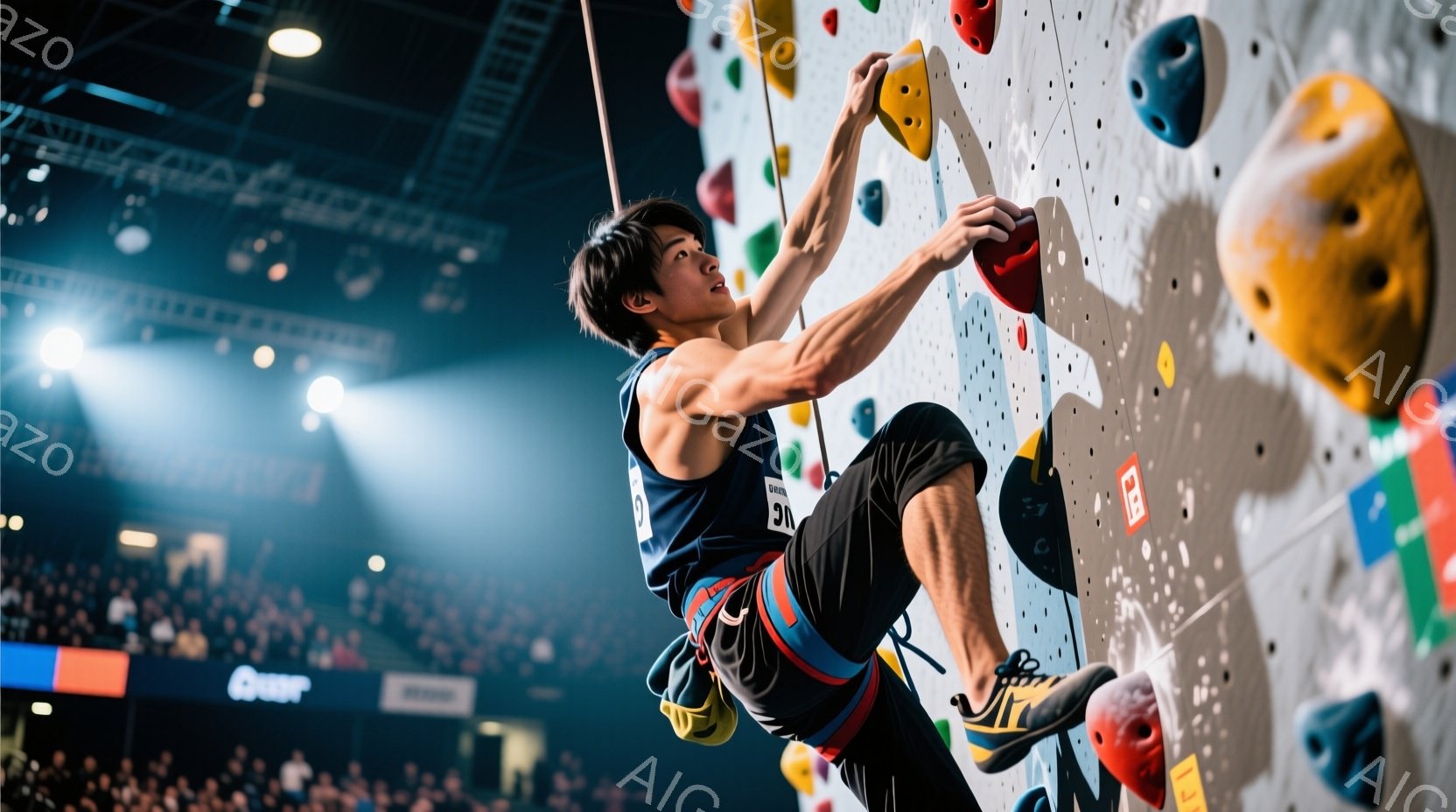 若い男性クライマーがクライミングウォールを登っている様子が写っています。彼は黒い半袖シャツとカラフルなショーツを着用し、競技用のクライミングシューズを履いています。背景には観客席と照明が見え、競技会場の熱気と集中した雰囲気が伝わってきます。
