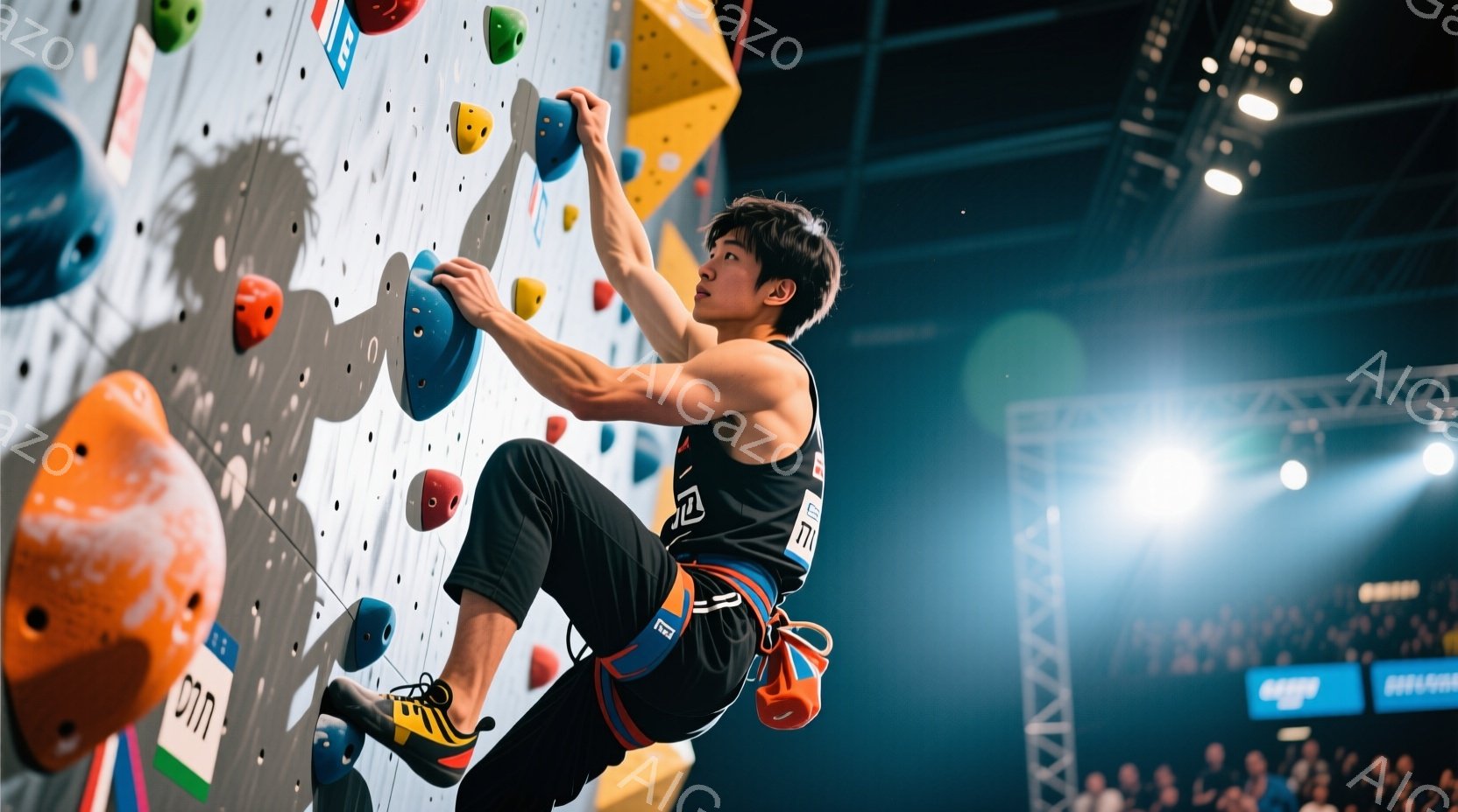 競技者はクライミングウォールを登っており、集中した表情で次のホールドを目指している。彼は赤いタンクトップ、青いクライミングパンツ、そしてクライミングシューズを着用し、短い黒髪が特徴的だ。背景には観客席が見え、競技場の照明が明るく、活気のある雰囲気が漂っている。