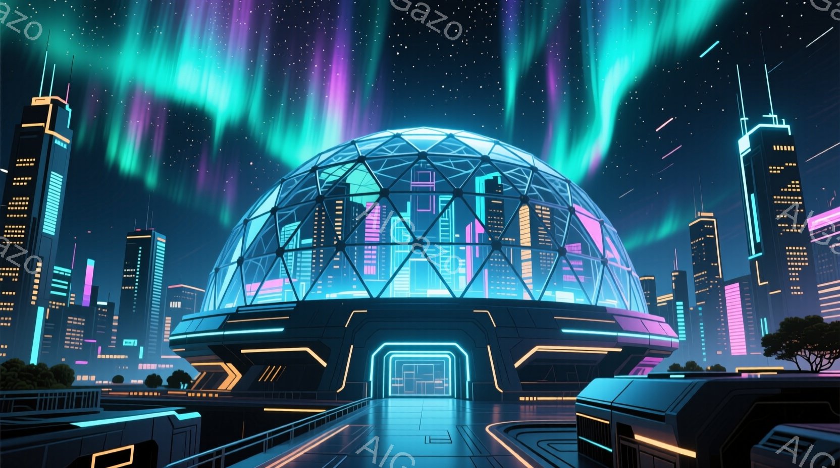 未来都市の夜景が描かれている。巨大なドーム状の建造物が中央に位置し、周囲には高層ビル群が立ち並んでいる。空にはオーロラのような光が流れ、未来的な都市と自然の光が調和した幻想的な雰囲気を作り出している。 - AI生成フリー素材