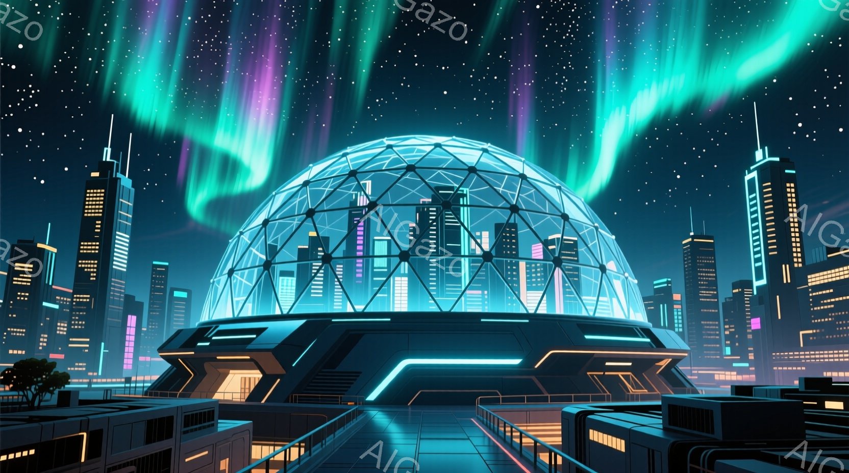 未来都市の夜景が描かれている。巨大なドーム型の建造物が中心に位置し、周囲には高層ビル群が立ち並んでいる。夜空にはオーロラのような光が輝き、近未来的な雰囲気を醸し出している。 - AI生成フリー素材