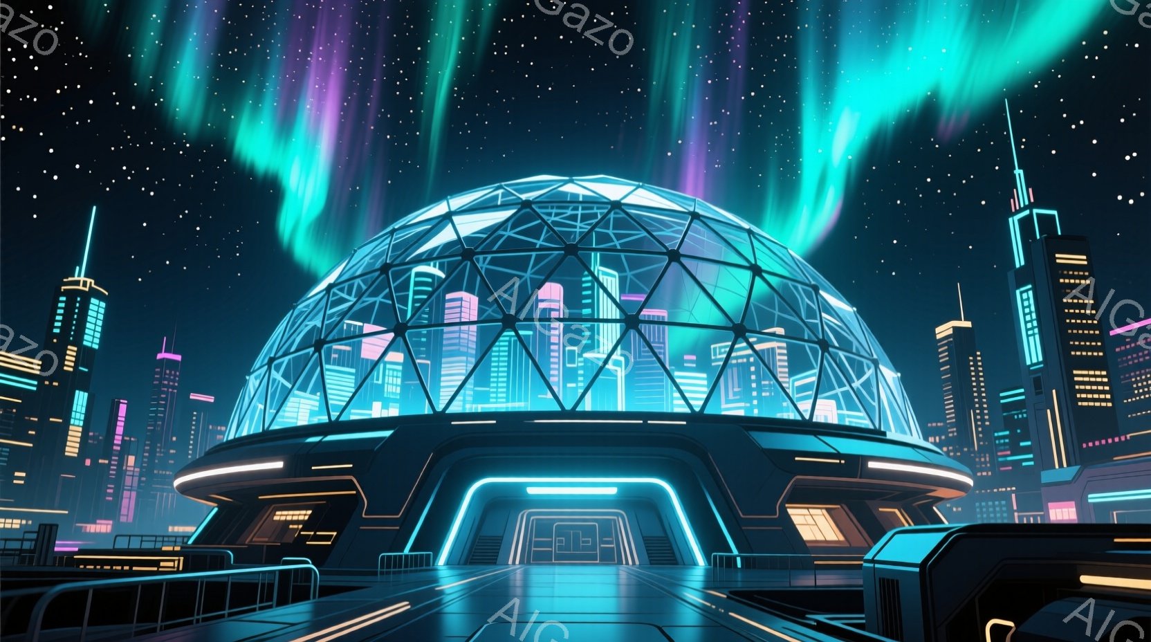 未来都市の中心に巨大なドーム状の構造物がそびえ立ち、内部には高層ビル群が光り輝いている。夜空にはオーロラのような光が広がり、近未来的な雰囲気と壮大な景色を作り出している。滑らかな曲線と鮮やかな青色の照 - AI生成フリー素材