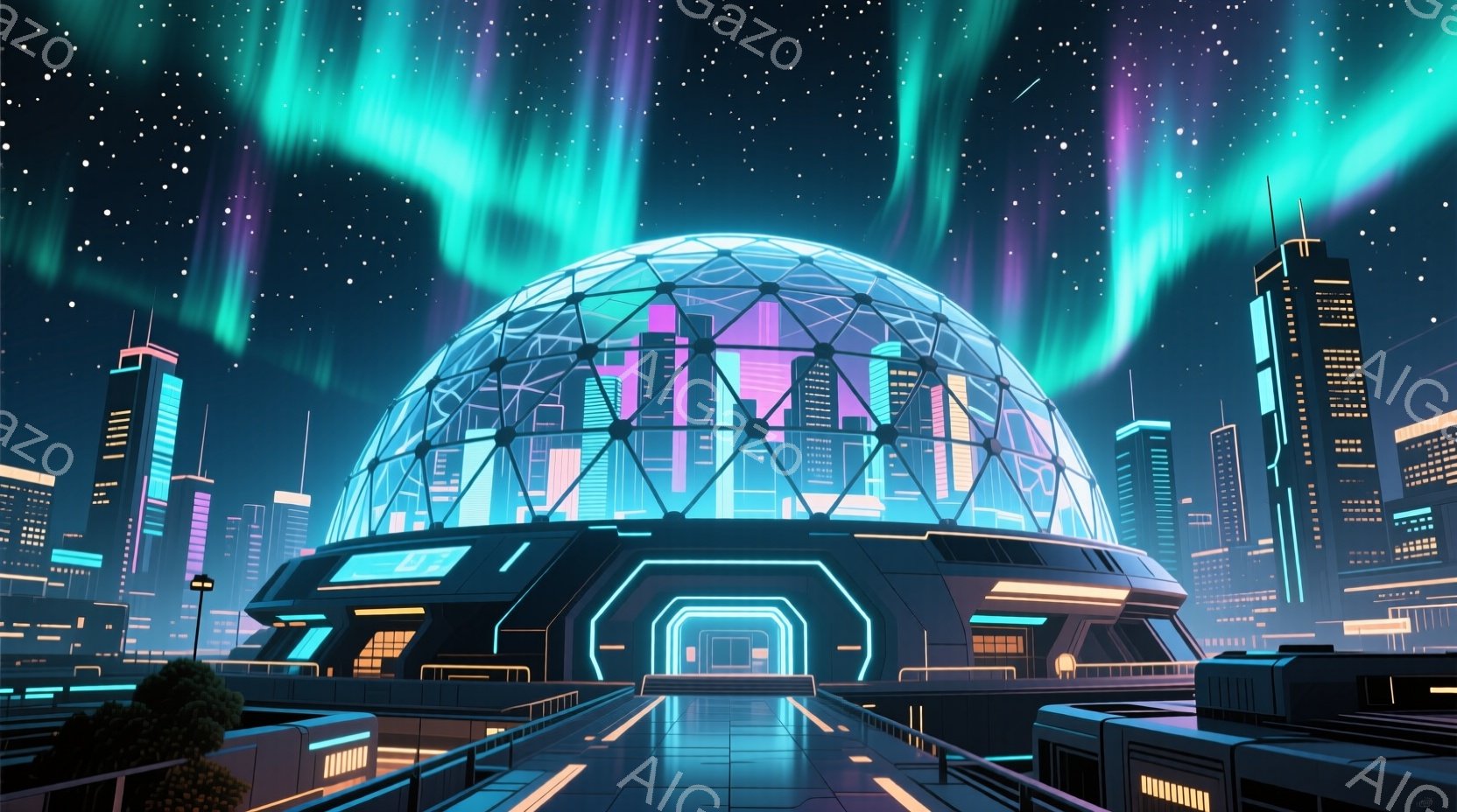 未来都市の夜景が描かれている。巨大なドーム型の建物が中央に位置し、その周囲には高層ビル群が立ち並んでいる。夜空にはオーロラのような光が輝き、近未来的な雰囲気を醸し出している。 - AI生成フリー素材