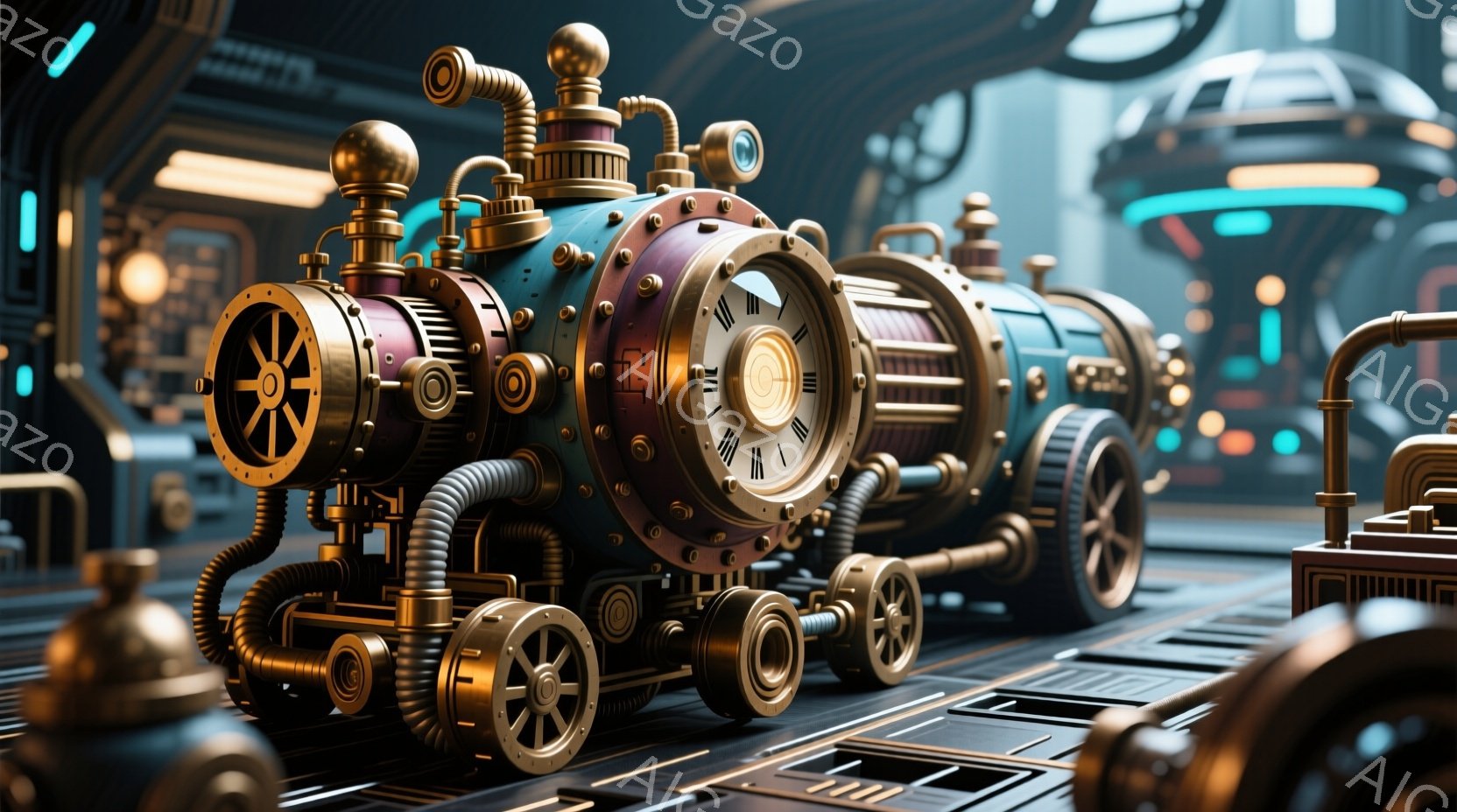 鮮やかな青色の蒸気機関車のような乗り物が、複雑な配管と金色の装飾を施されたプラットフォーム上に鎮座している。車両は、メーターやバルブ、歯車などの精巧なディテールで覆われており、スチームパンク風の未来的な雰囲気を醸し出している。背景には、メタリックな構造物と青い光が広がり、全体的に幻想的で機械的な世界観を表現している。
