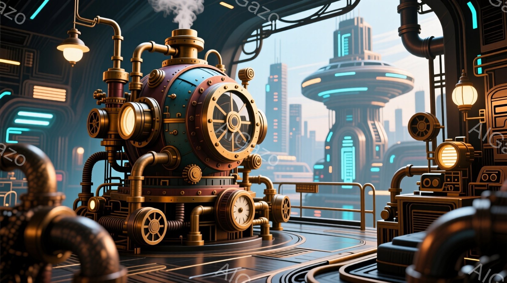 複雑な配管と歯車で構成された未来的な蒸気機関車が、高層ビル群を見下ろす展望台のような空間に設置されている。蒸気機関車は銅色と金色を基調とし、精巧なディテールが施されており、窓の外には霧に包まれた未来都 - AI生成フリー素材