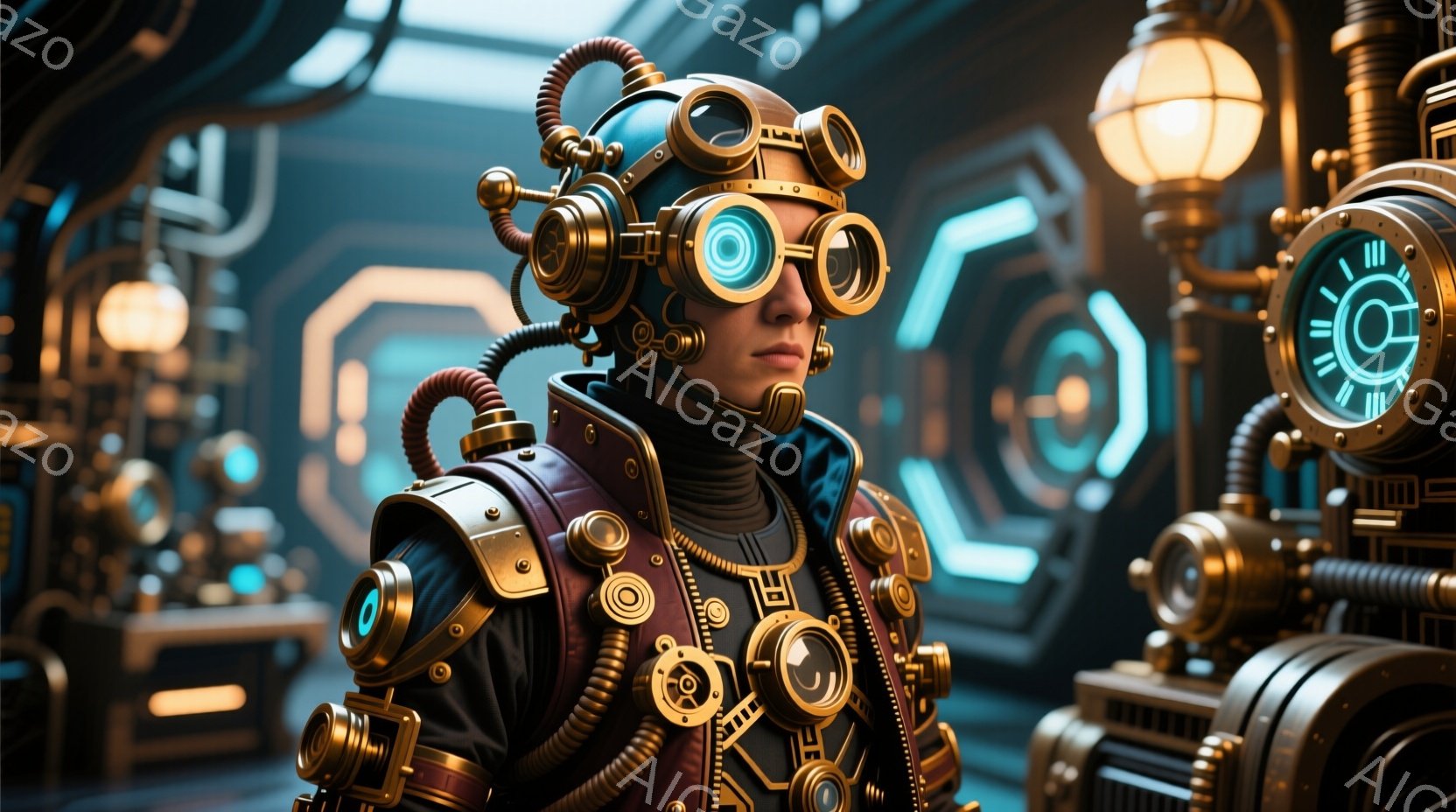 複雑なメカニカルな装甲を身につけた女性が写っている。彼女はゴーグル型のヘッドセットを装着し、真剣な表情で前を見据えている。背景は青い光に照らされた複雑な機械仕掛けの構造体で、蒸気機関時代のような未来的な雰囲気を醸し出している。