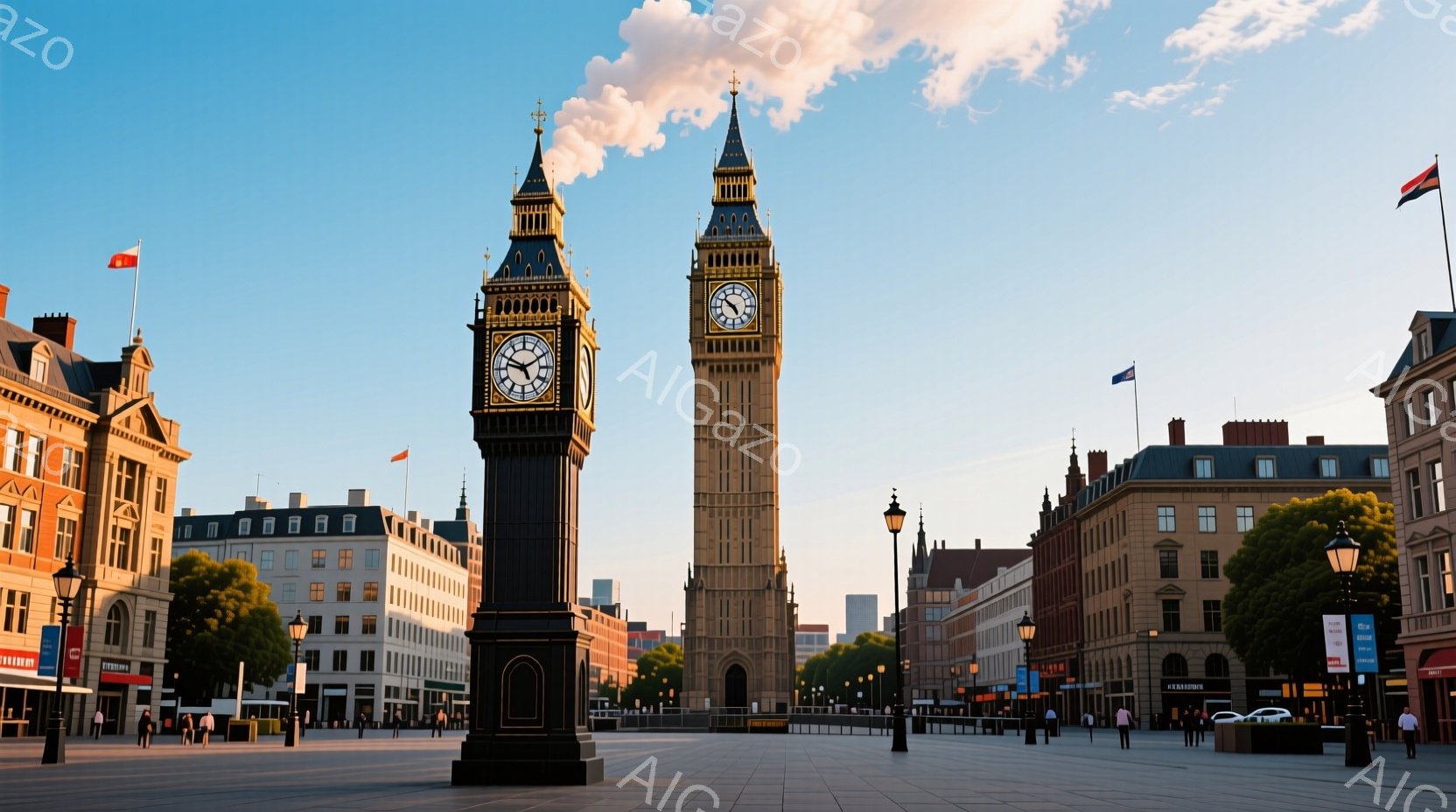 ロンドンのウェストミンスター宮殿に隣接するビッグ・ベンが、晴れた空の下、堂々とそびえ立っています。広場には数人の人々がおり、カジュアルな服装で散歩を楽しんでいる様子が見られます。周囲には歴史的な建物が立ち並び、緑豊かな木々が風景に彩りを添え、穏やかで観光客に優しい雰囲気を醸し出しています。