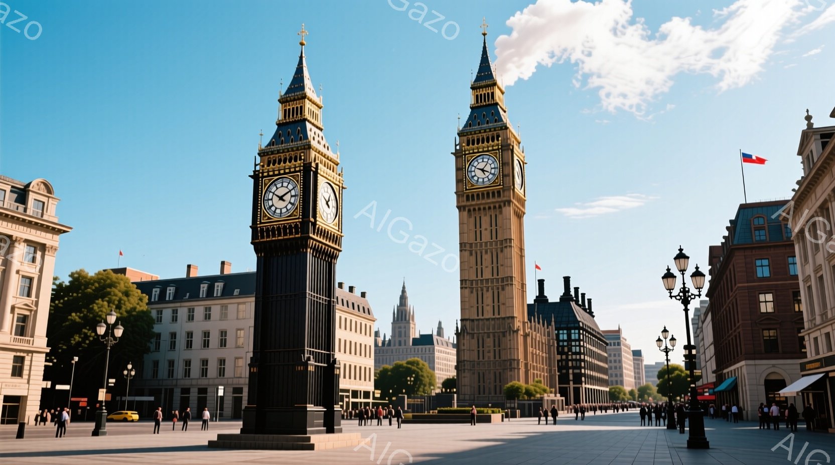 ロンドンのウェストミンスター宮殿に隣接するビッグ・ベンが、晴天の下でそびえ立っている。広場には人々が散歩したり、写真撮影をしたりしており、カジュアルな服装の人が多く、様々な姿勢でくつろいでいるのが見える。背景には、美しい建物や緑豊かな木々が広がり、穏やかで観光客らしい雰囲気が漂っている。